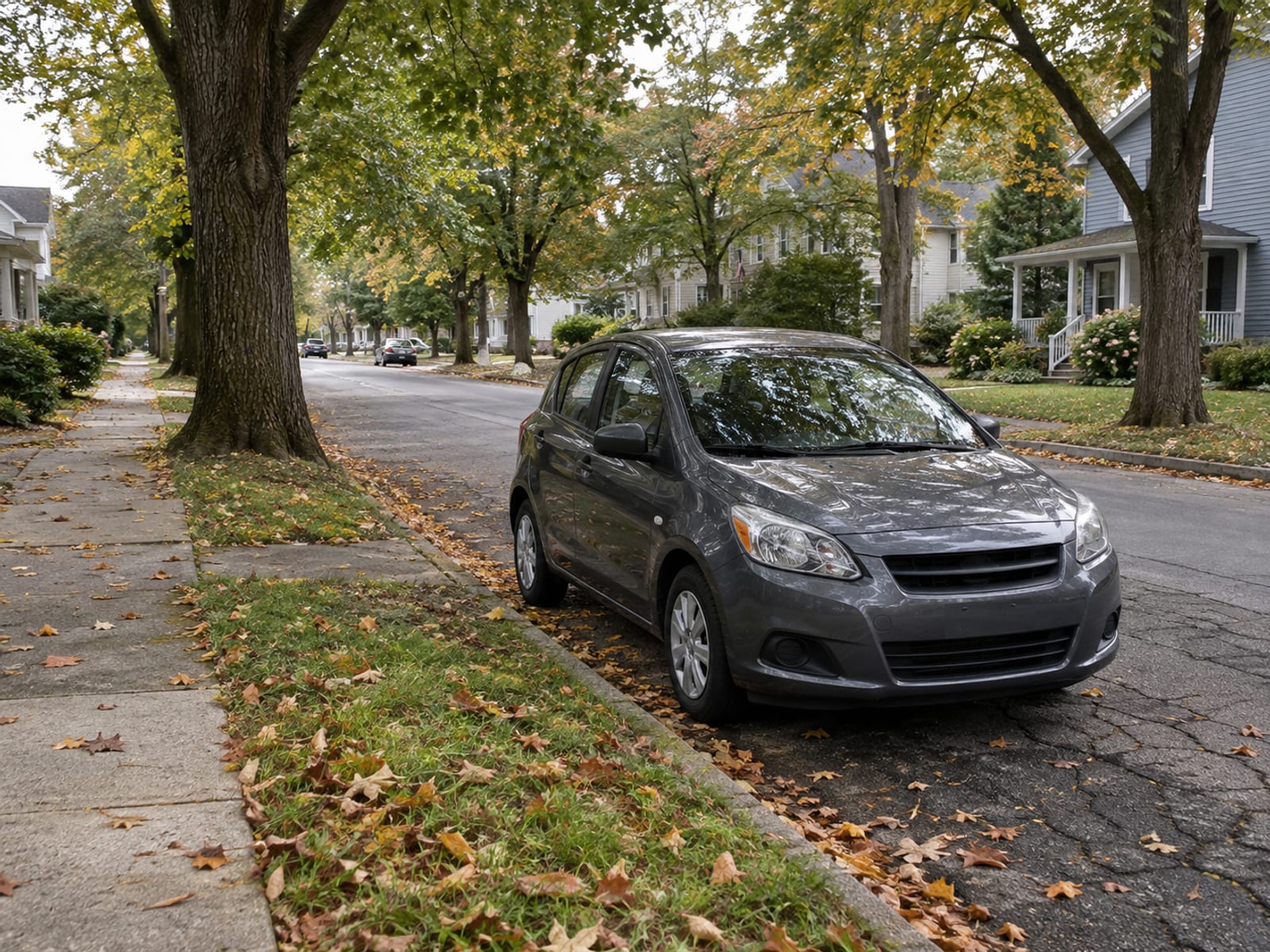 A compact car parked on a quiet residential street lined with trees in a small Delaware town