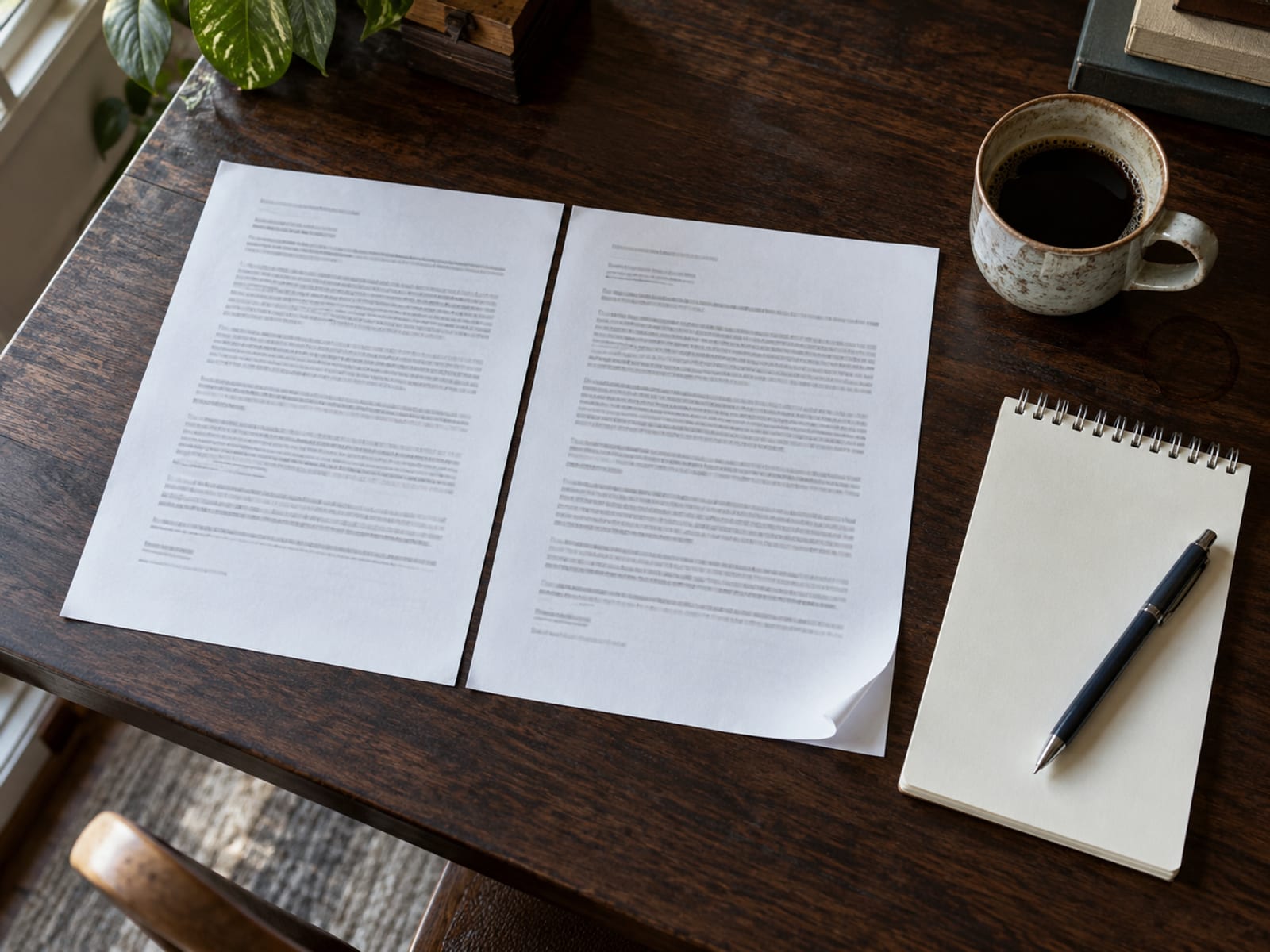 Two printed pages laid side by side on a table with a notepad, a pen and a cup of coffee