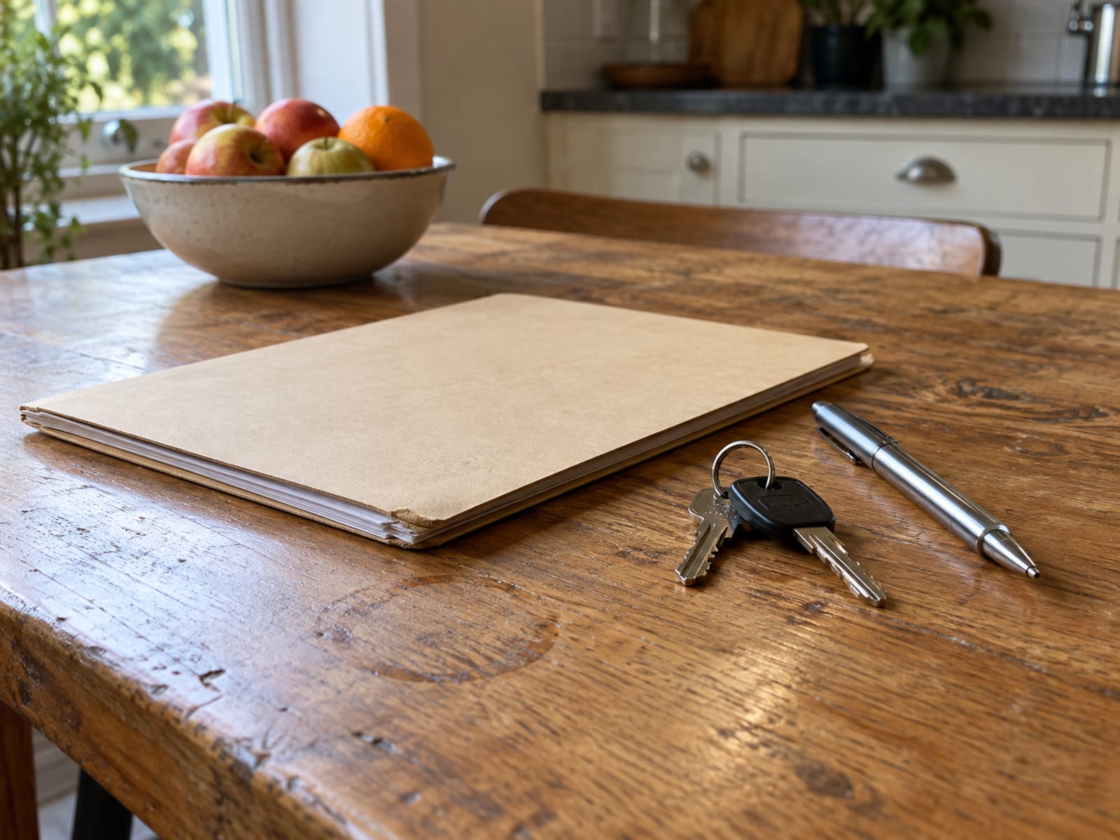 A closed folder, a set of car keys and a pen resting on a wooden kitchen table