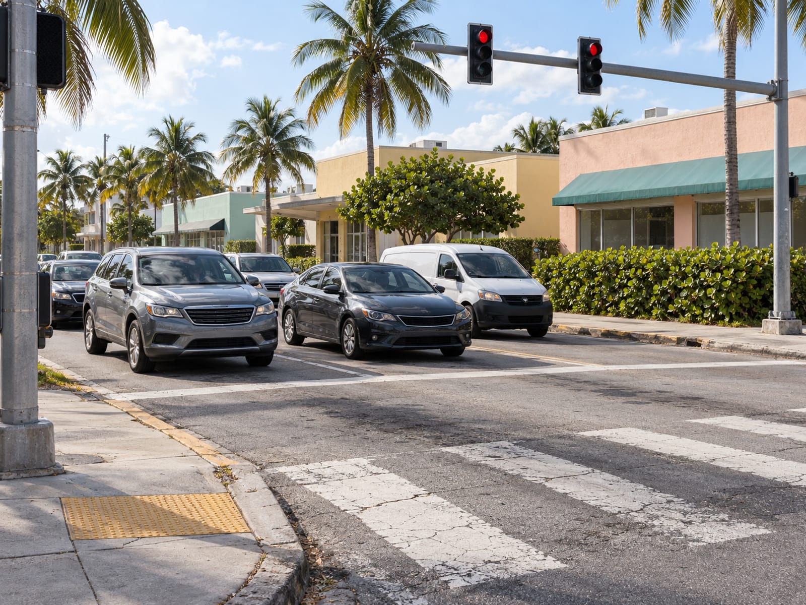 A busy city intersection with palm trees and low buildings in South Florida