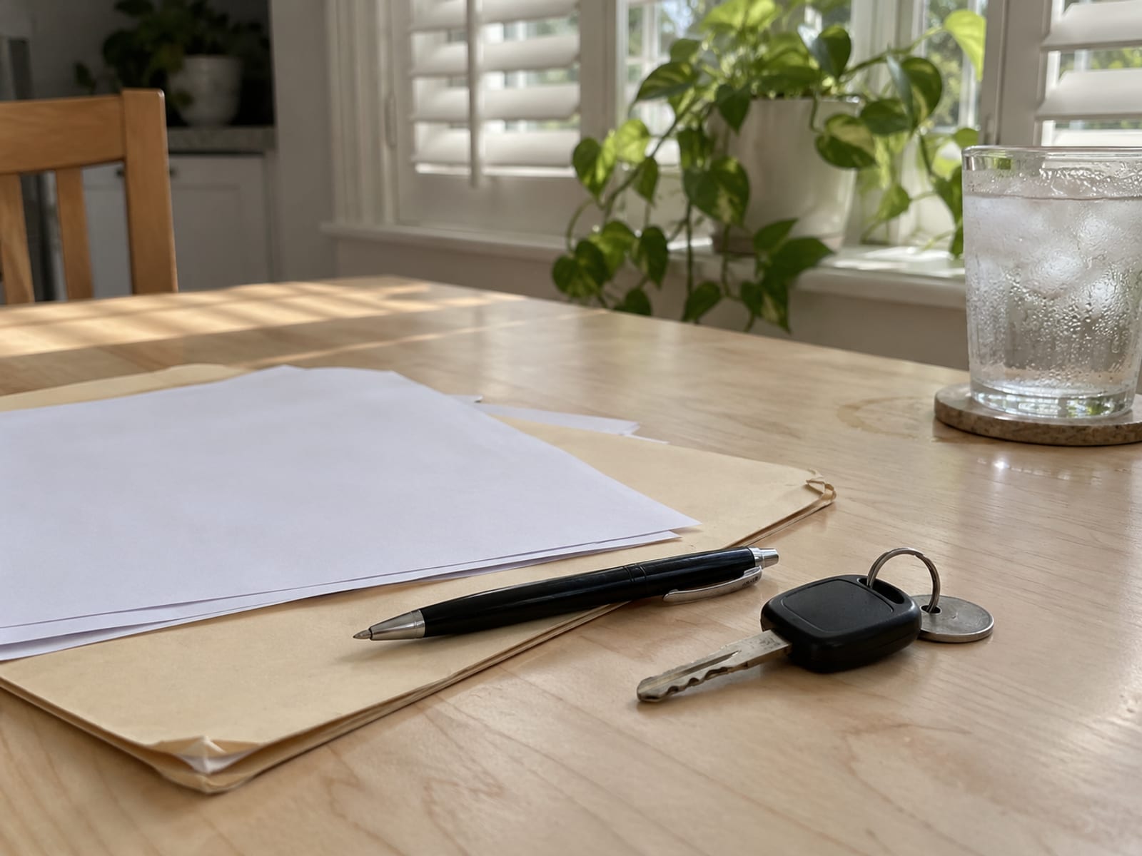A folder of blank papers, a pen and a set of car keys on a kitchen table
