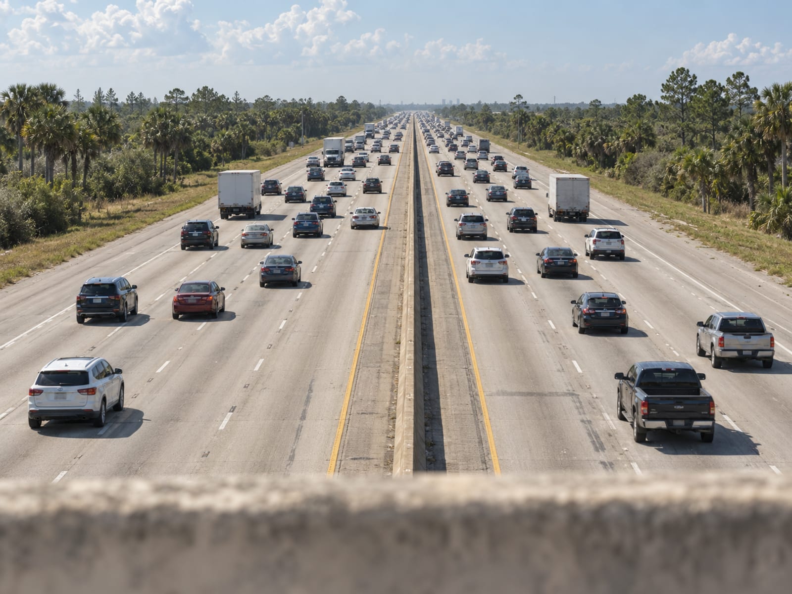 Heavy traffic on a multilane Florida highway in afternoon sun