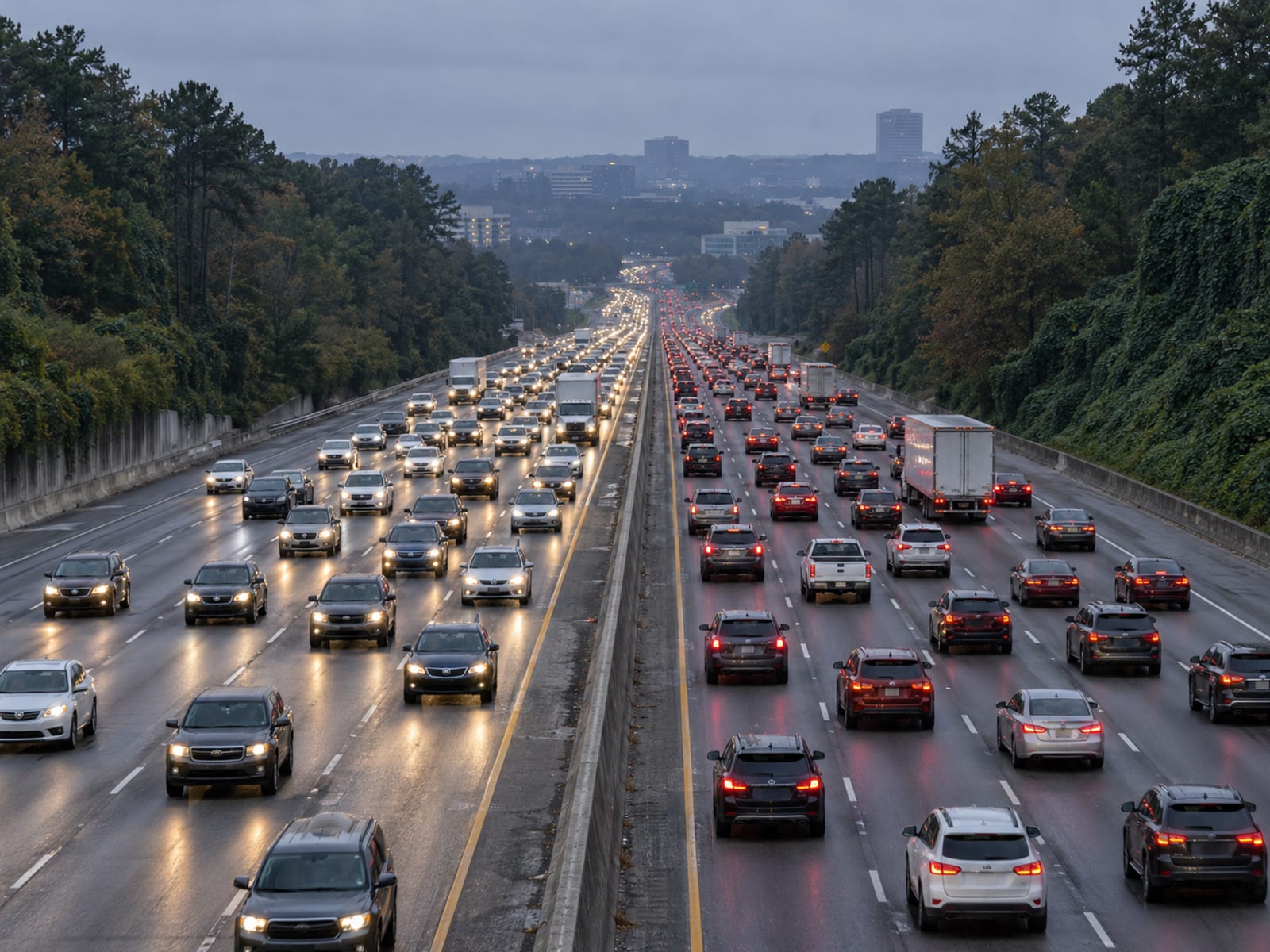 Heavy traffic on a multi-lane highway lined with pines, with low buildings faint in the haze at dusk