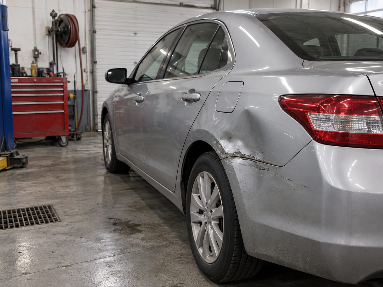 A sedan with a dented rear quarter panel parked inside a repair shop bay