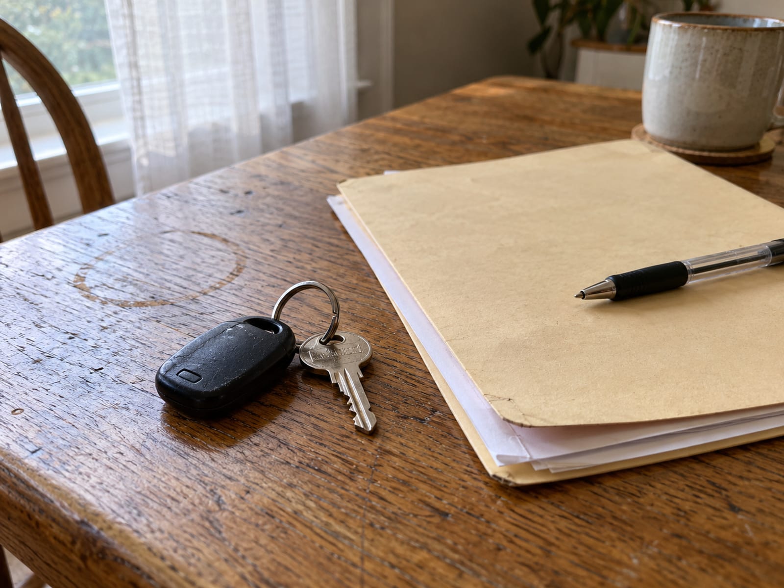 Car keys, a folder of papers and a pen on a kitchen table, with no legible text