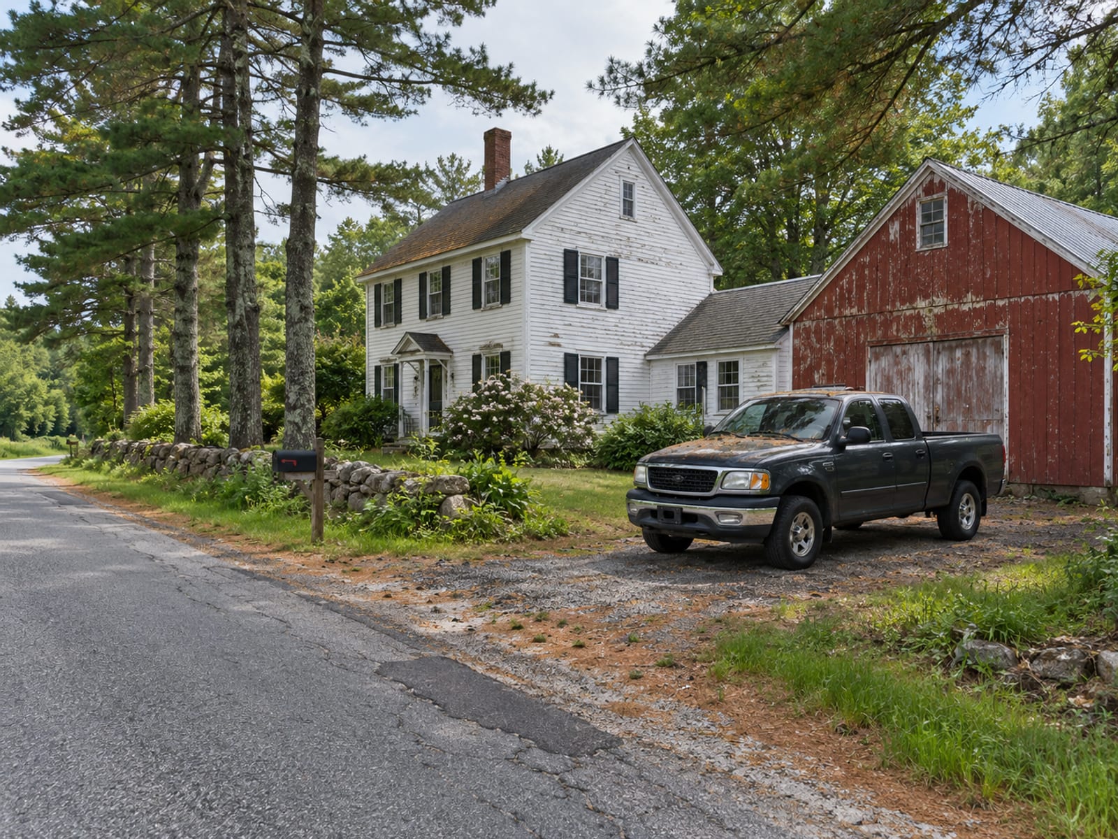 A pickup truck parked beside a farmhouse on a rural Maine road lined with pine trees