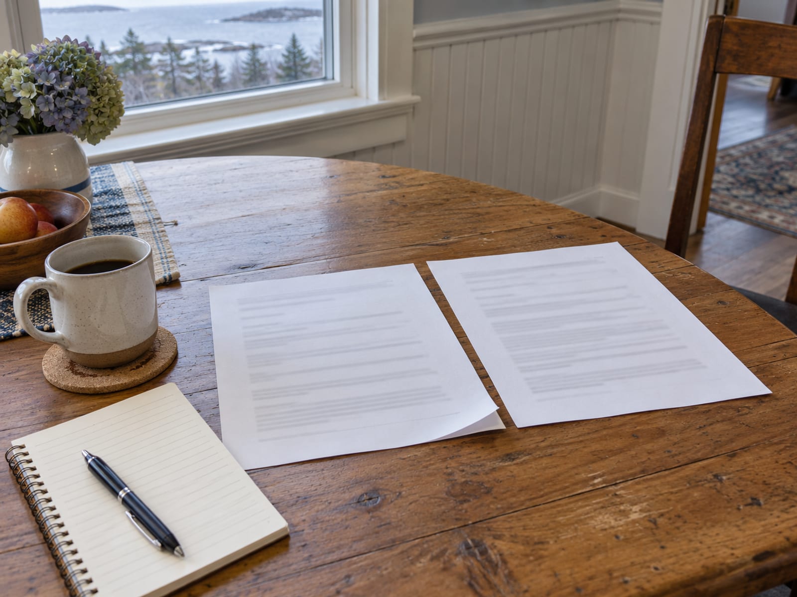 Two printed pages laid side by side on a table with a pen, a notepad and a cup of coffee