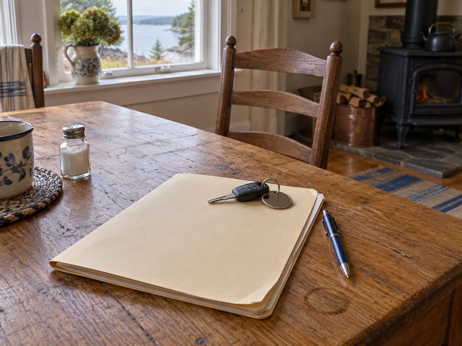 A closed folder, a set of car keys and a pen on a wooden kitchen table