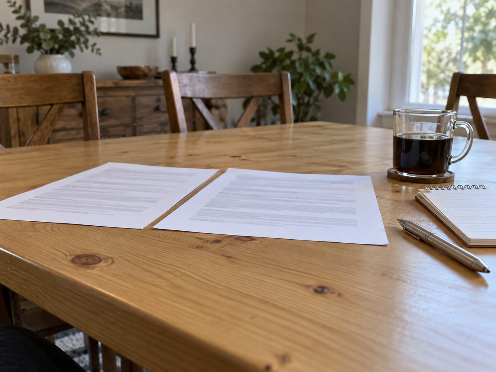 Two printed pages laid side by side on a table with a notepad, a pen and a cup of coffee
