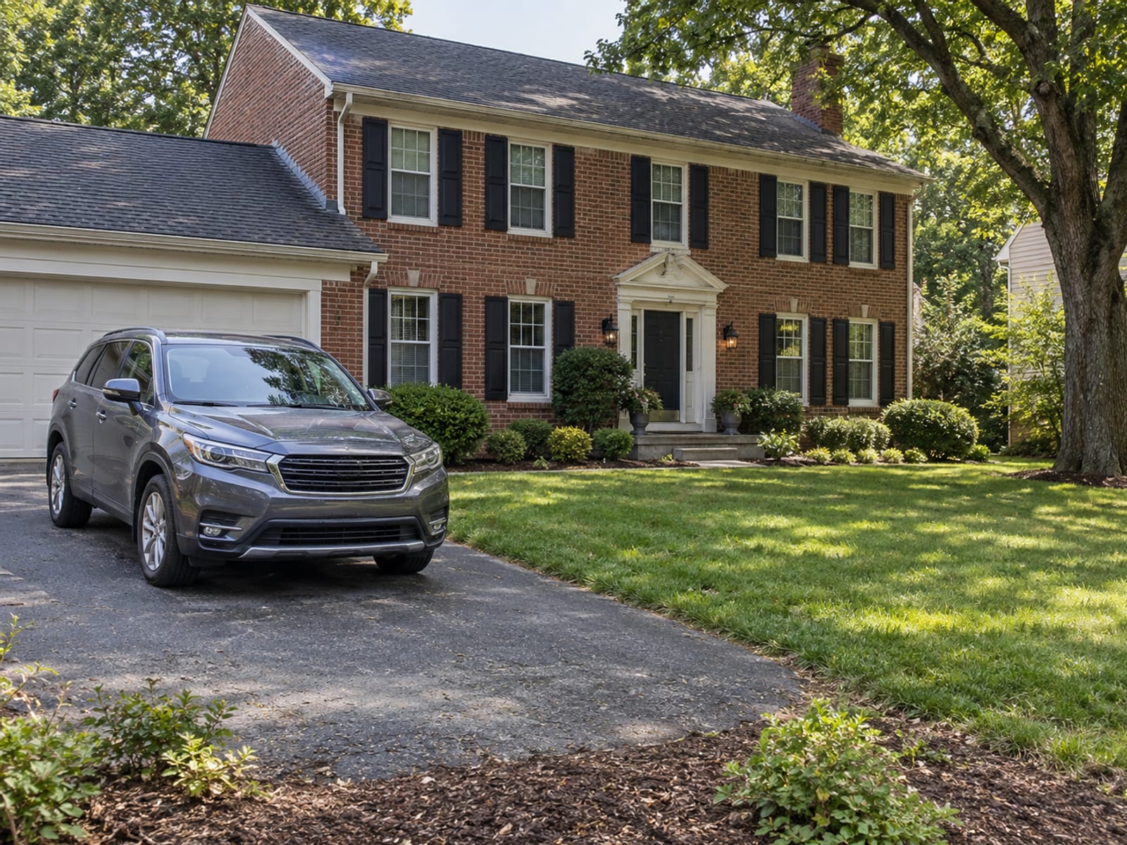 A family car parked in the driveway of a brick Maryland colonial home with a small front lawn