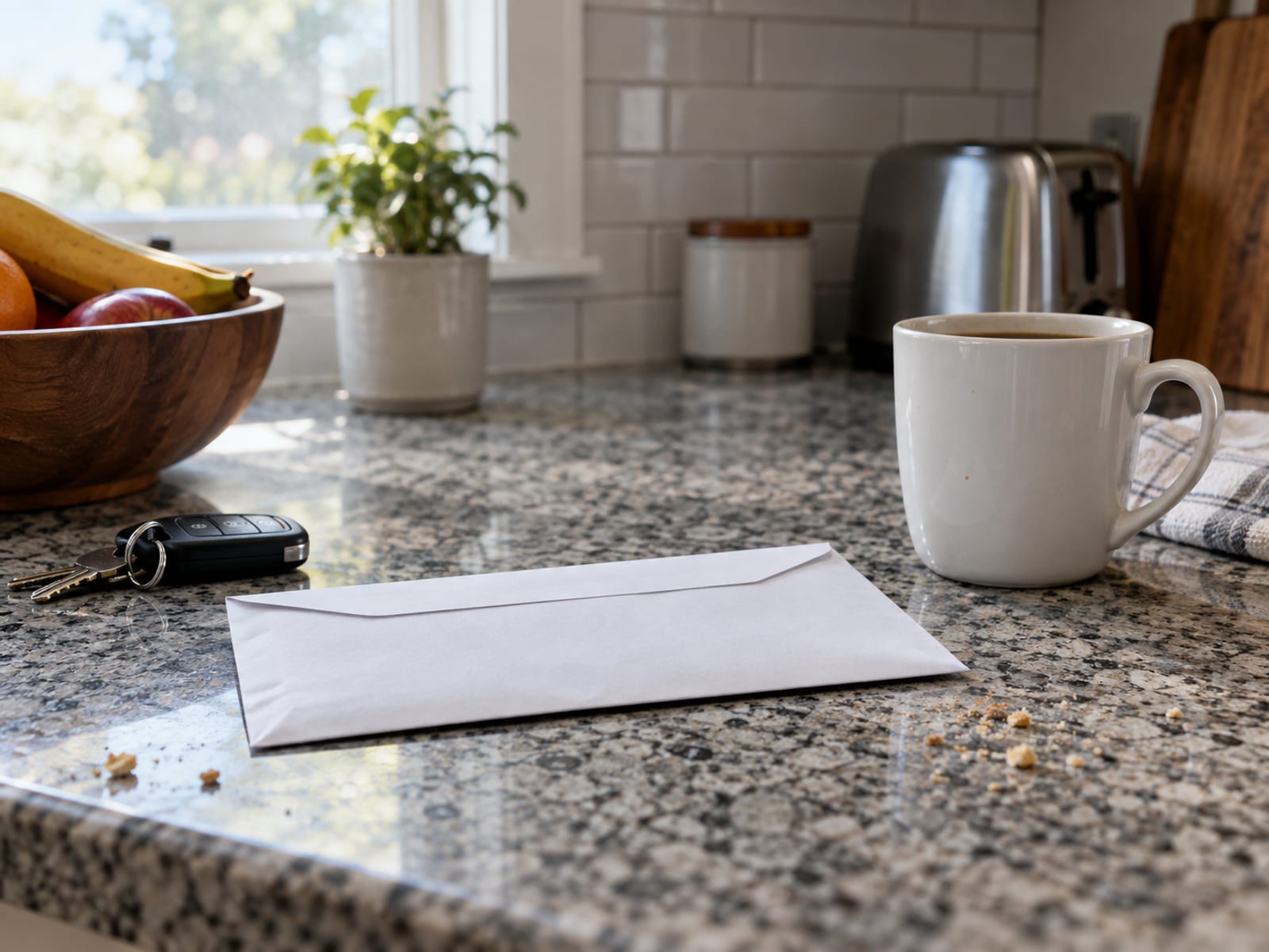 An unopened envelope and a set of car keys resting on a kitchen counter beside a cup of coffee