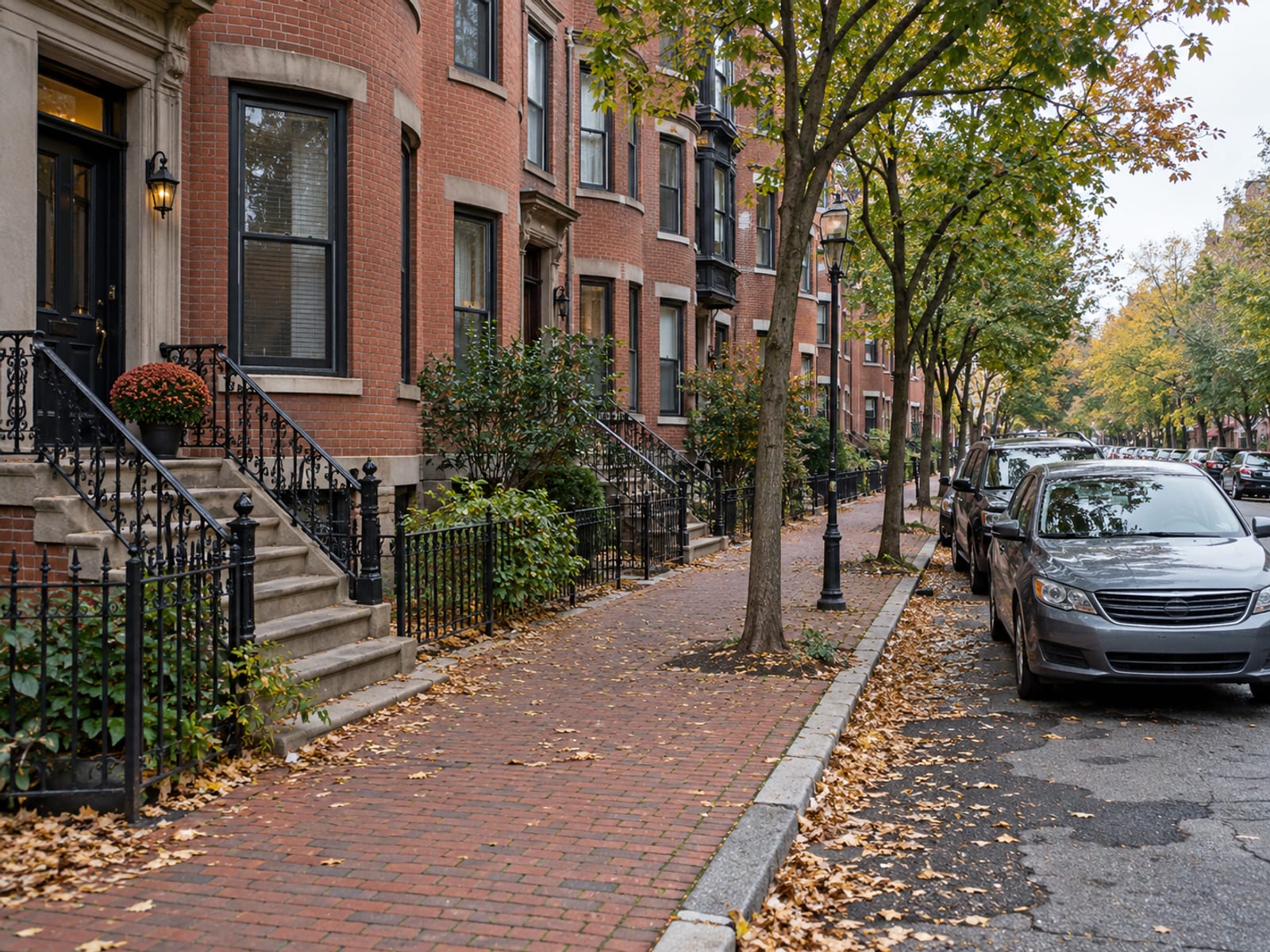 A brick rowhouse street with cars parked along the curb under leafy trees