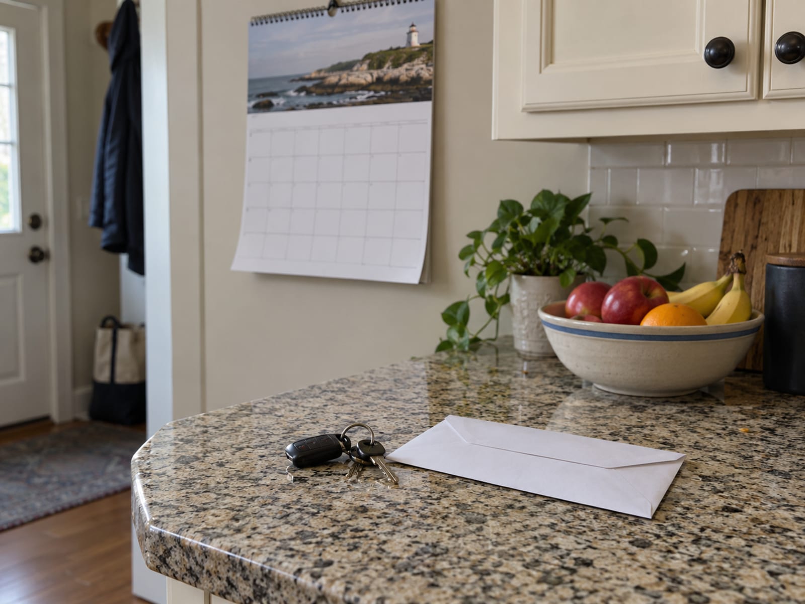 A wall calendar above a kitchen counter with car keys and a closed envelope