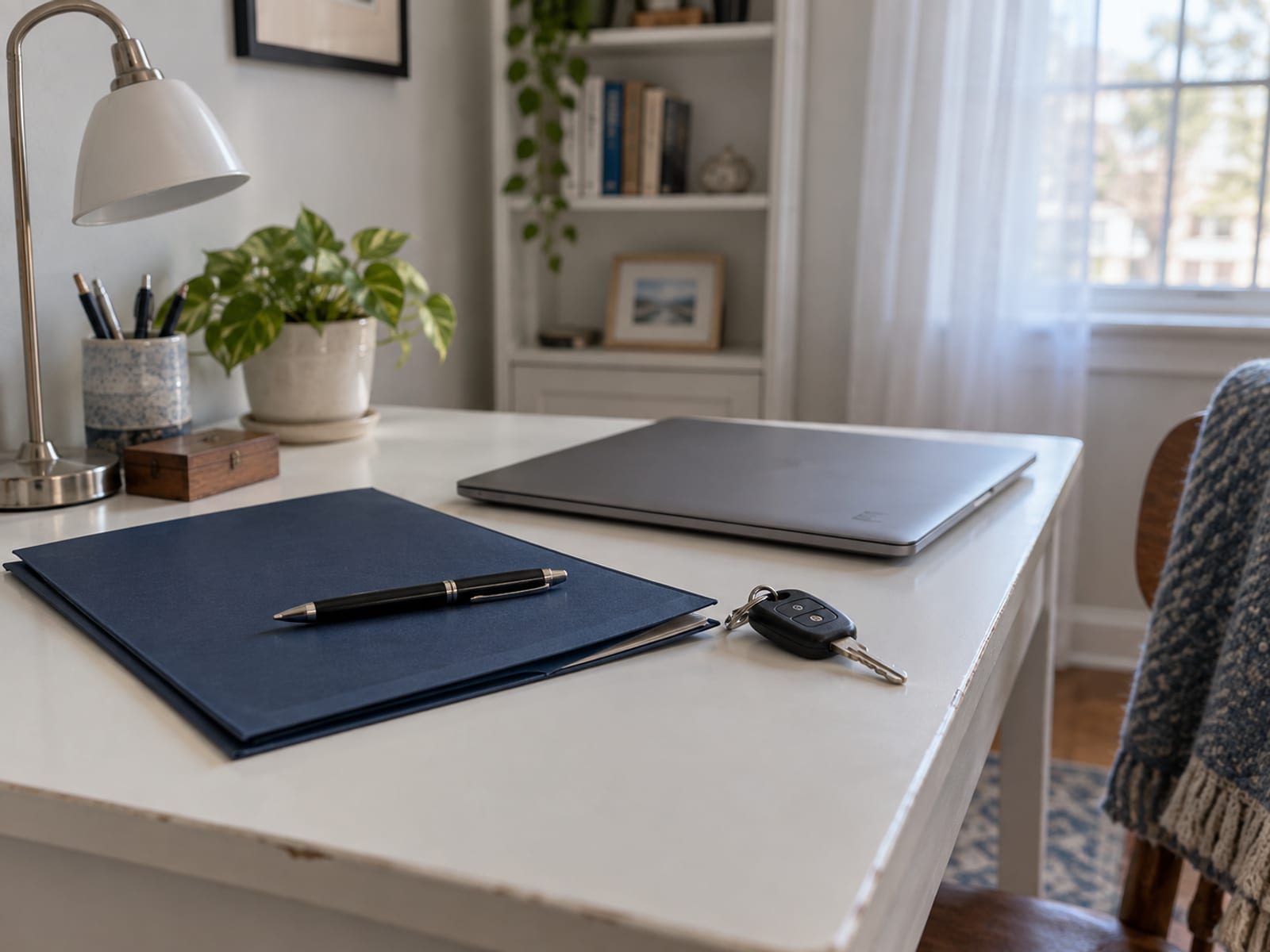 A closed folder, a pen and a set of car keys on a desk beside a laptop