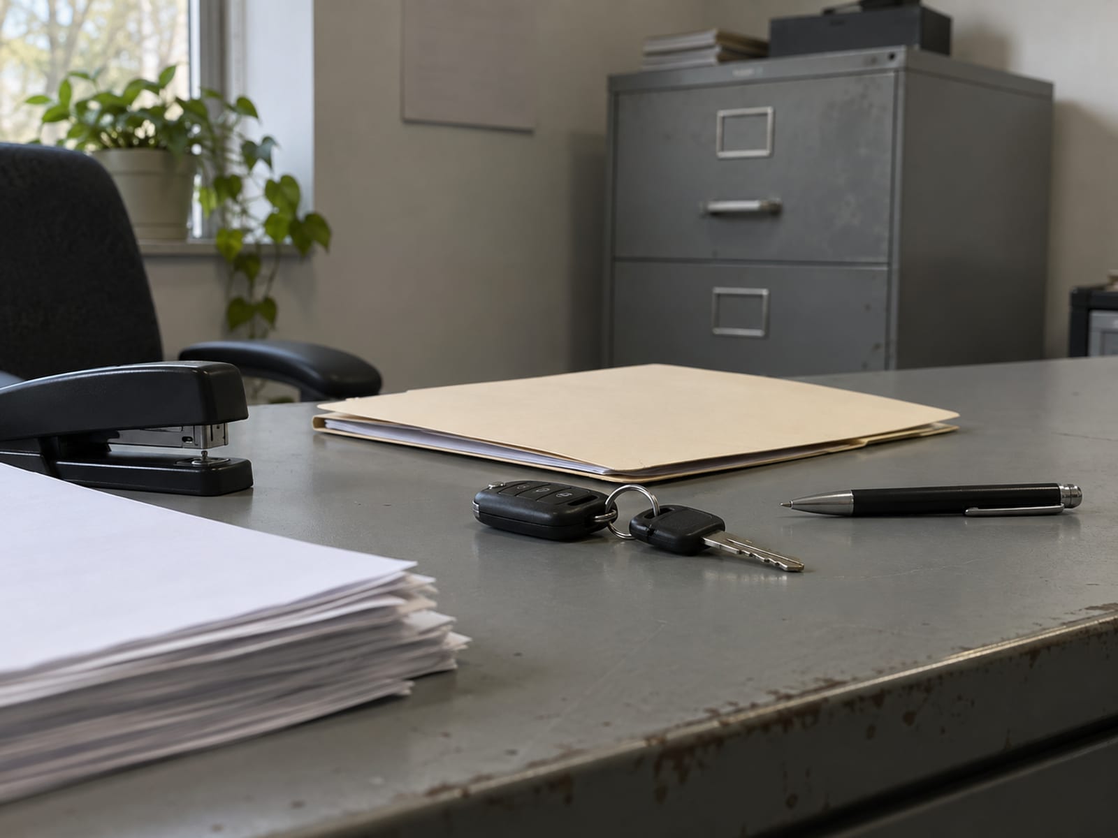 A closed loan folder, a set of car keys and a pen on a wooden desk