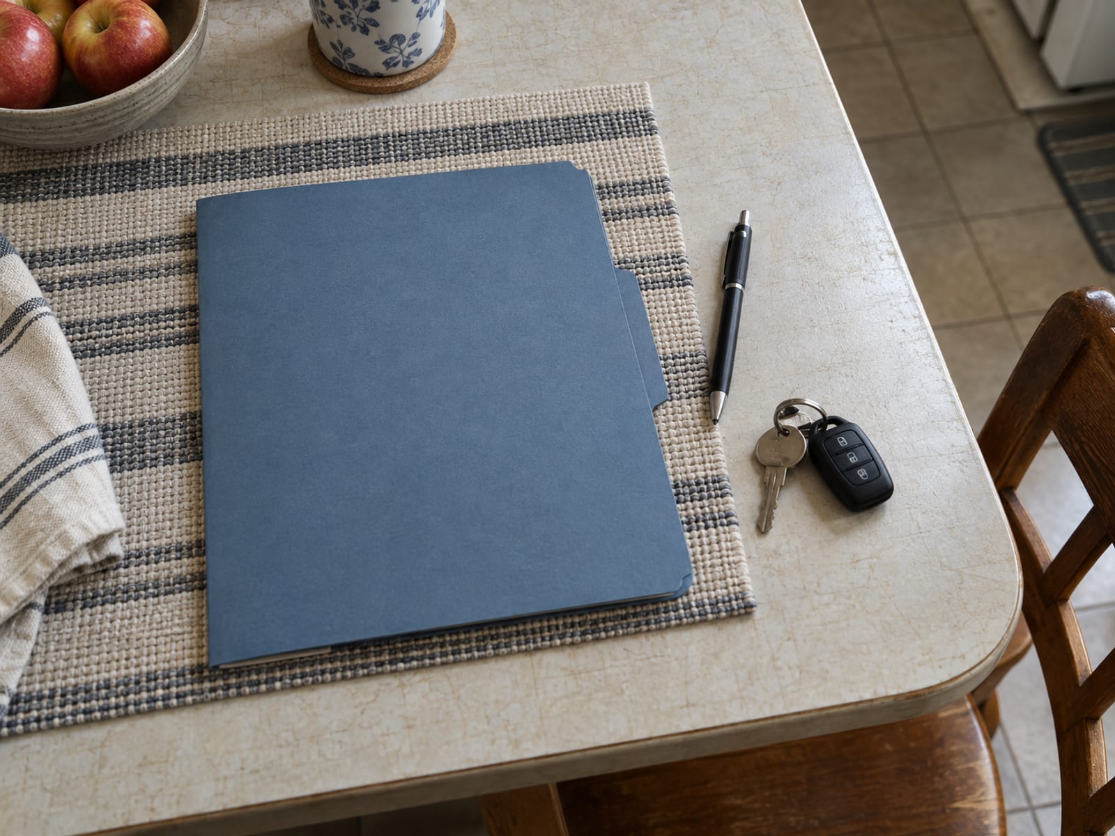 A closed folder, a pen and a set of car keys arranged on a wooden kitchen table
