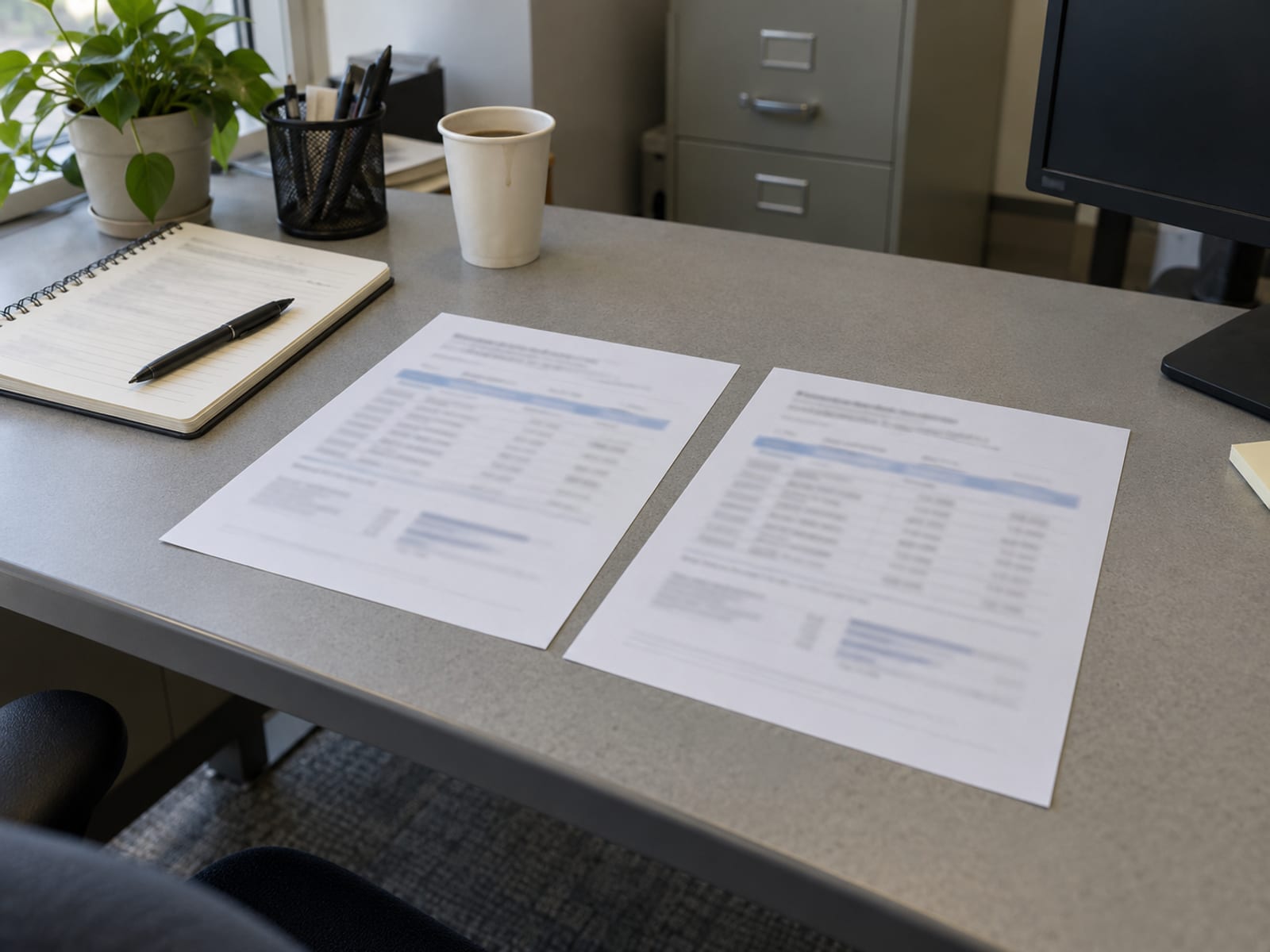 Two printed pages laid side by side on a table with a notepad, a pen and a cup of coffee