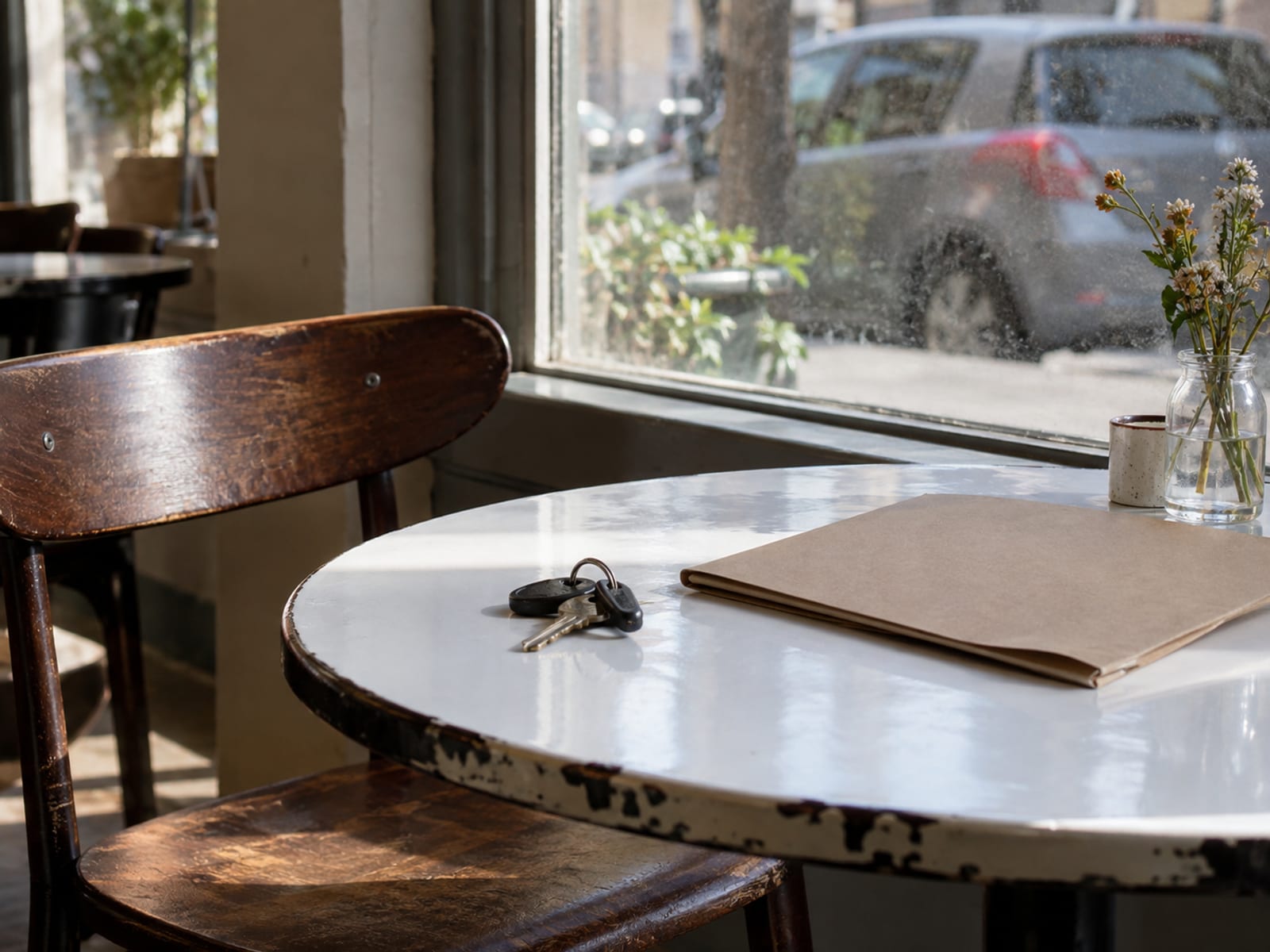 Unas llaves de auto y una carpeta cerrada sobre una mesa junto a una ventana con un auto estacionado afuera