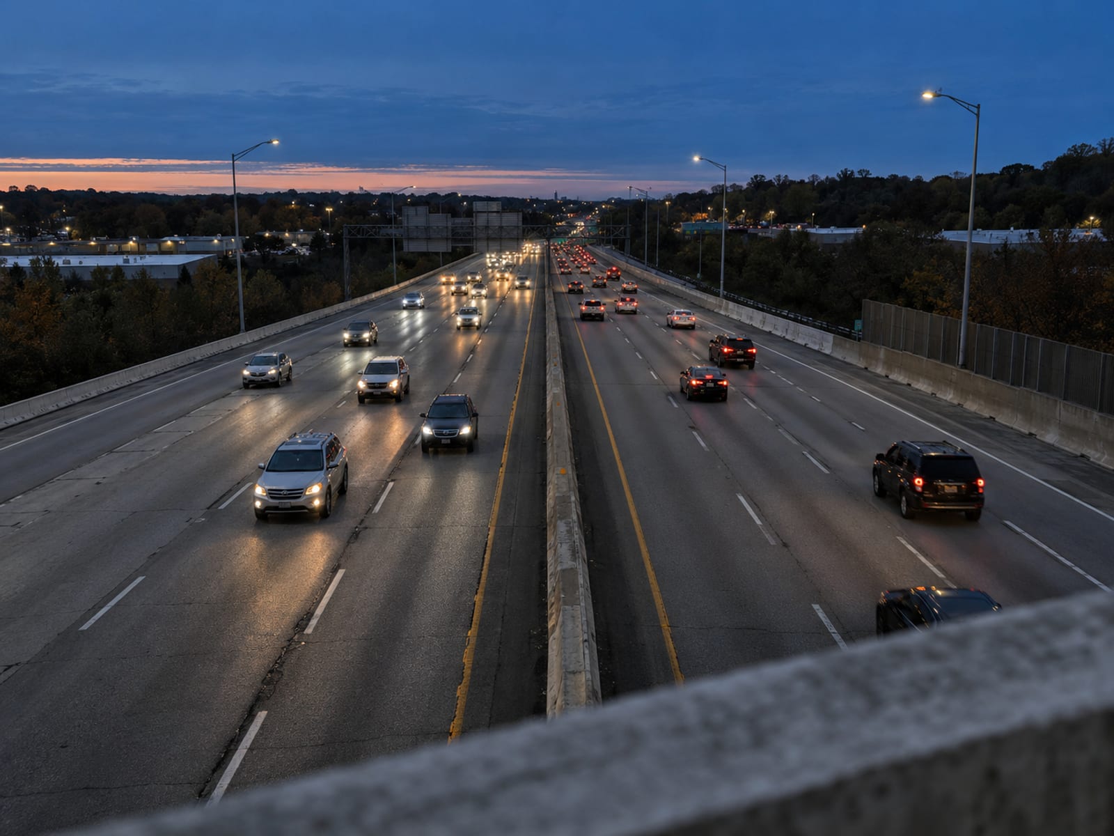 Tráfico de hora pico en una autopista de varios carriles al atardecer, visto desde un puente peatonal
