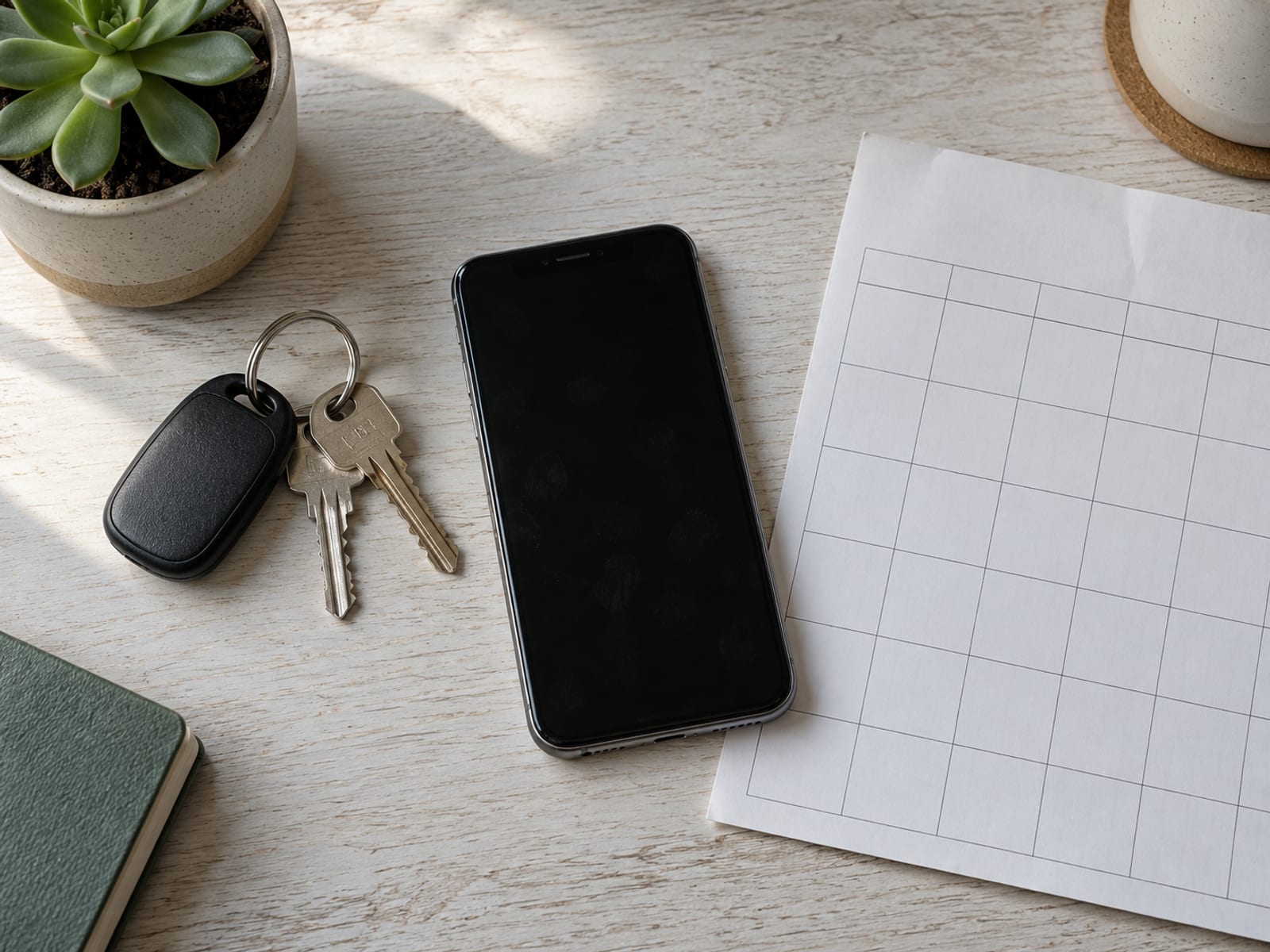 Llaves de auto y un teléfono inteligente con la pantalla apagada sobre un escritorio, junto a una hoja de calendario