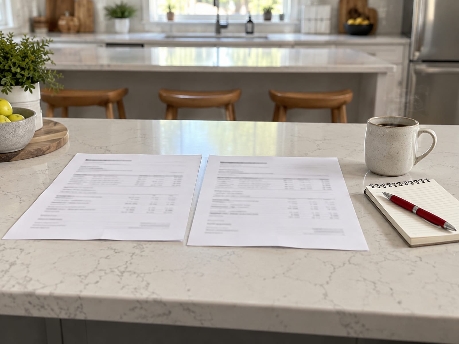 Two printed pages laid side by side on a table with a notepad, a pen and a cup of coffee