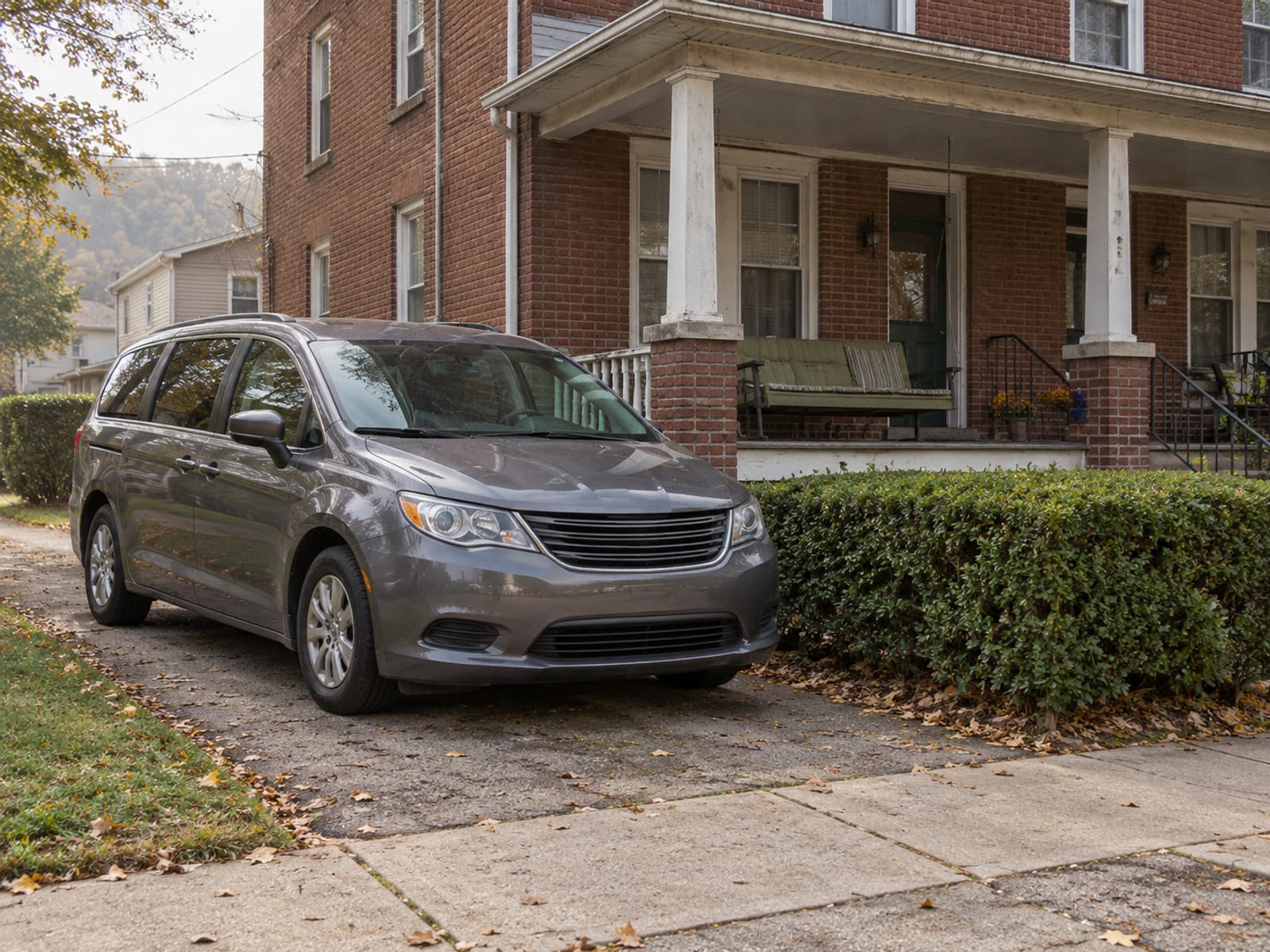 A family car parked in the driveway of a Pennsylvania brick twin home beside a small front porch