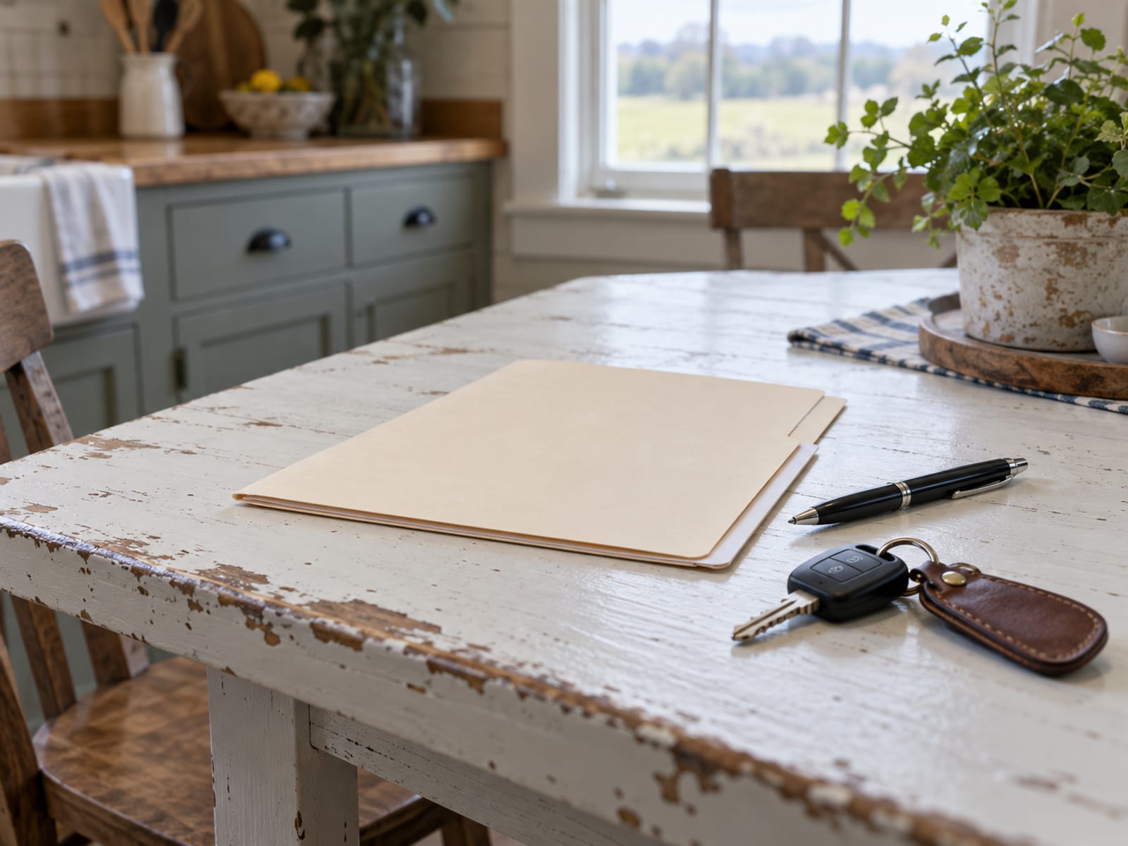 A closed folder, a pen and a set of car keys resting on a wooden kitchen table