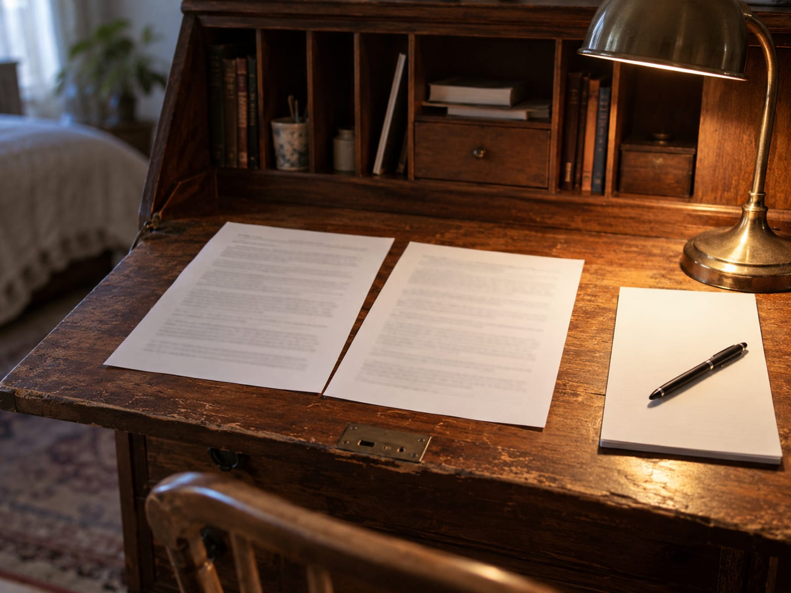 Two printed pages laid side by side on a table with a pen and a notepad