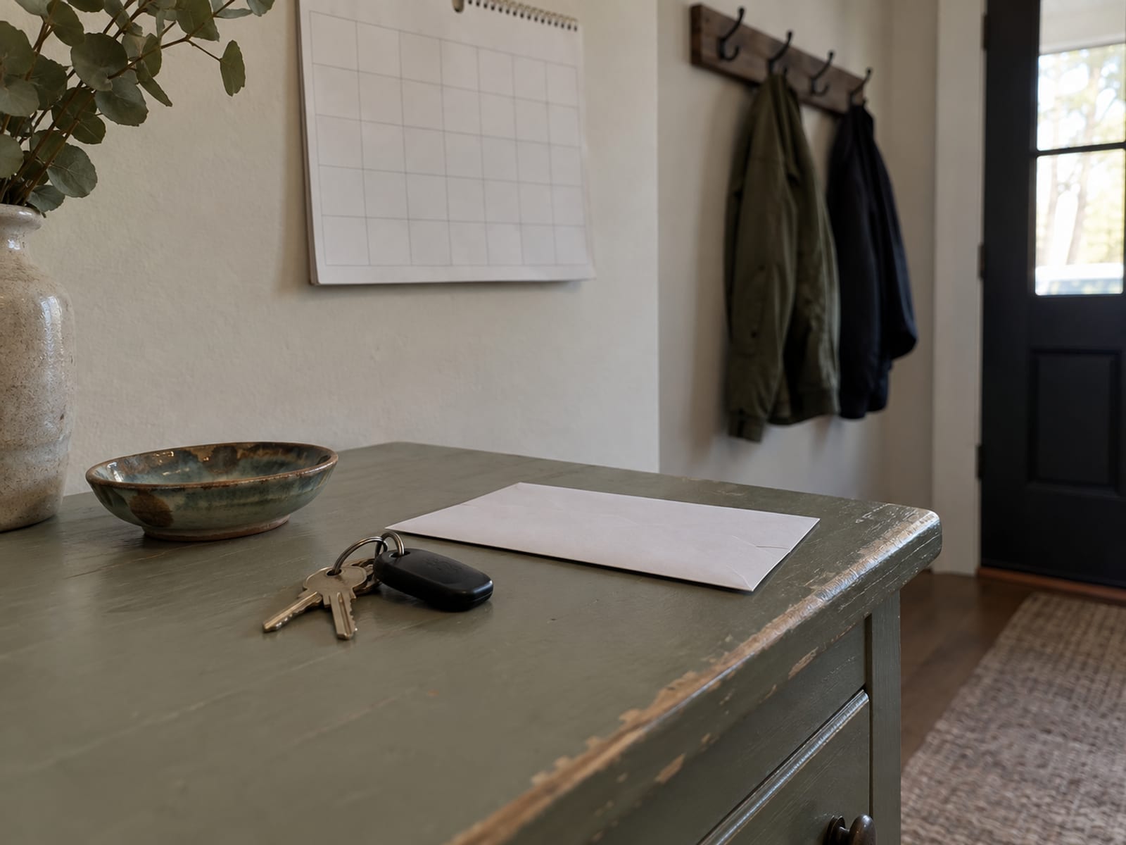 A wall calendar, a set of car keys and a closed envelope on a kitchen counter