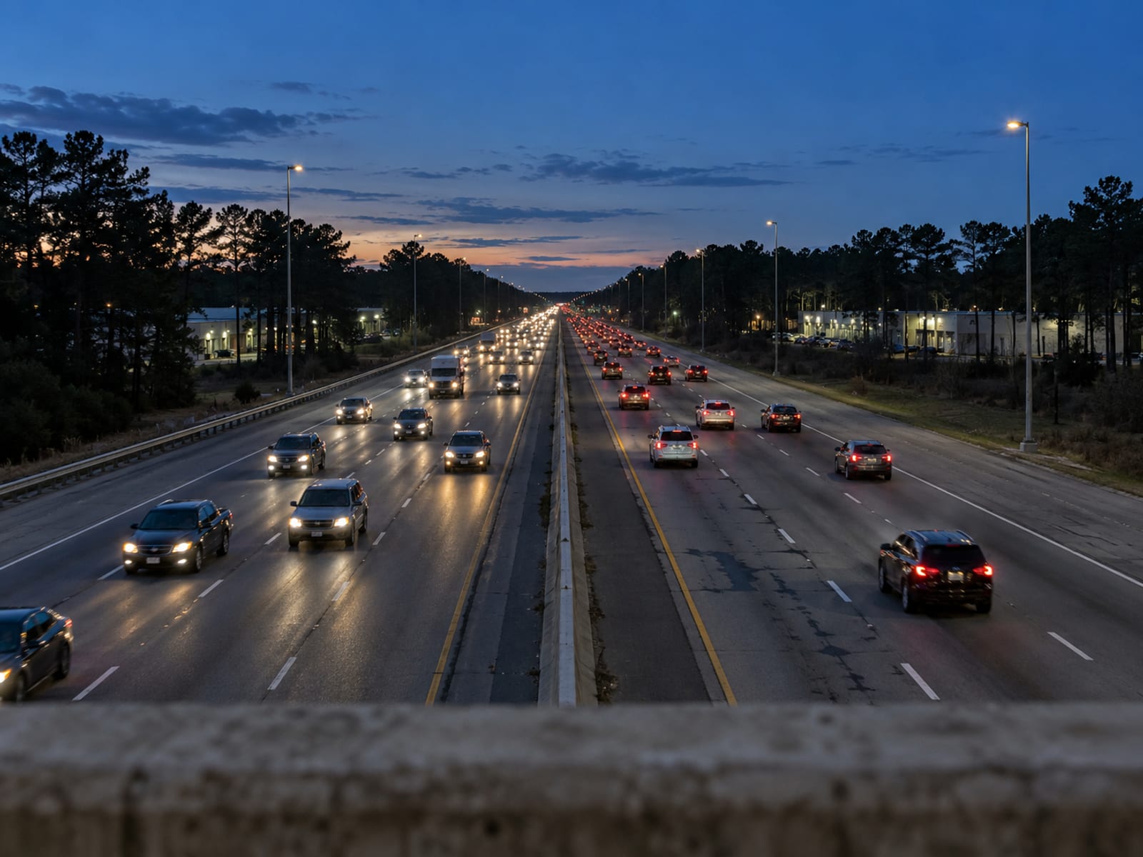 Commuter traffic on a multi-lane highway at dusk, seen from an overpass