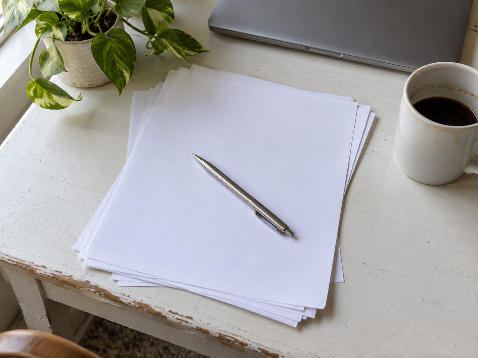 A pen resting on a stack of blank papers beside a coffee mug on a desk