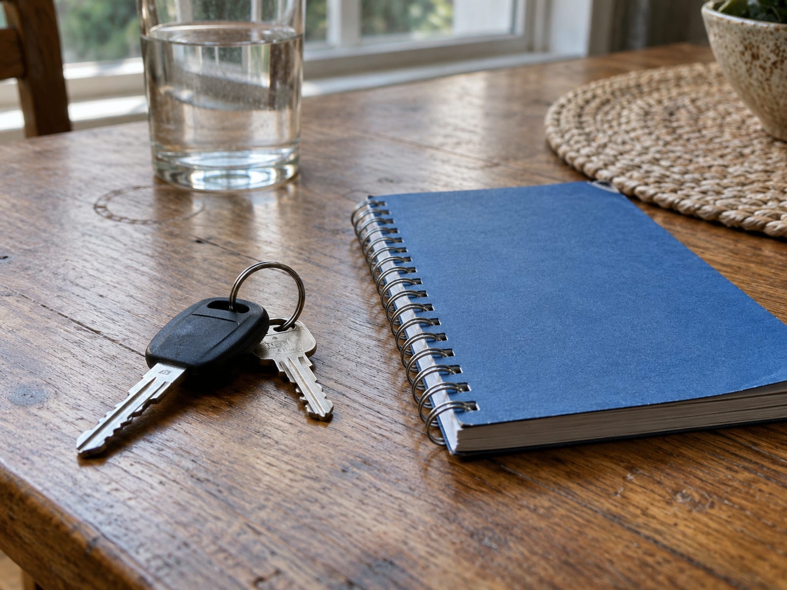 A set of car keys beside a closed notebook on a kitchen table
