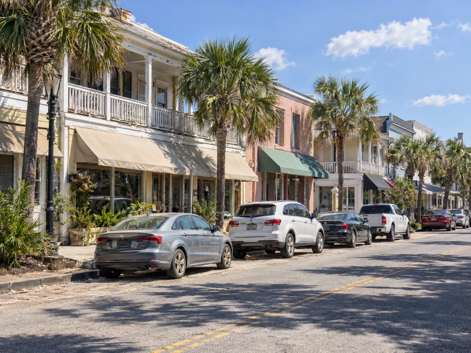 Cars parked along a palm-lined street of low coastal buildings