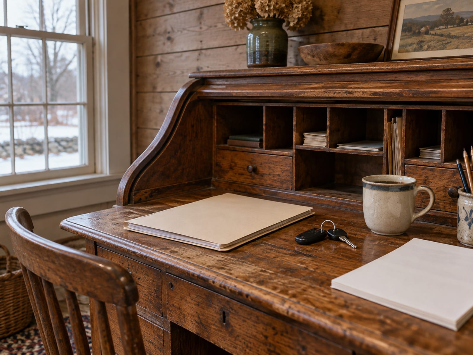 A closed folder and a set of car keys resting on a desk beside a cup of coffee