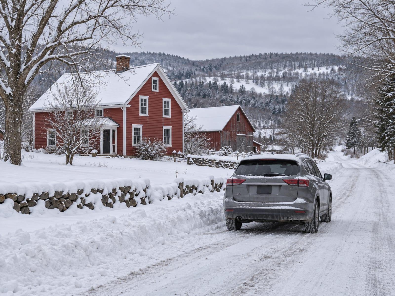 A car parked beside a snowy rural Vermont road near a red farmhouse