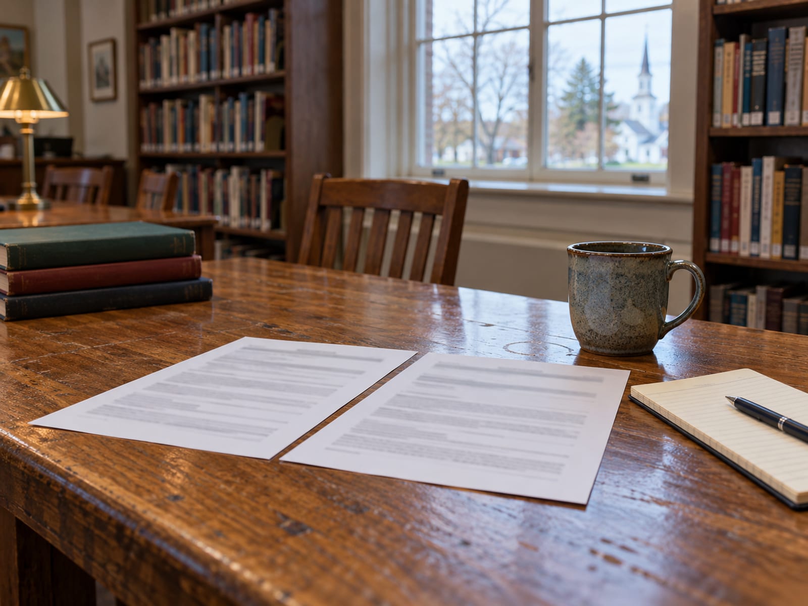 Two printed pages laid side by side on a table with a pen, a notepad and a mug
