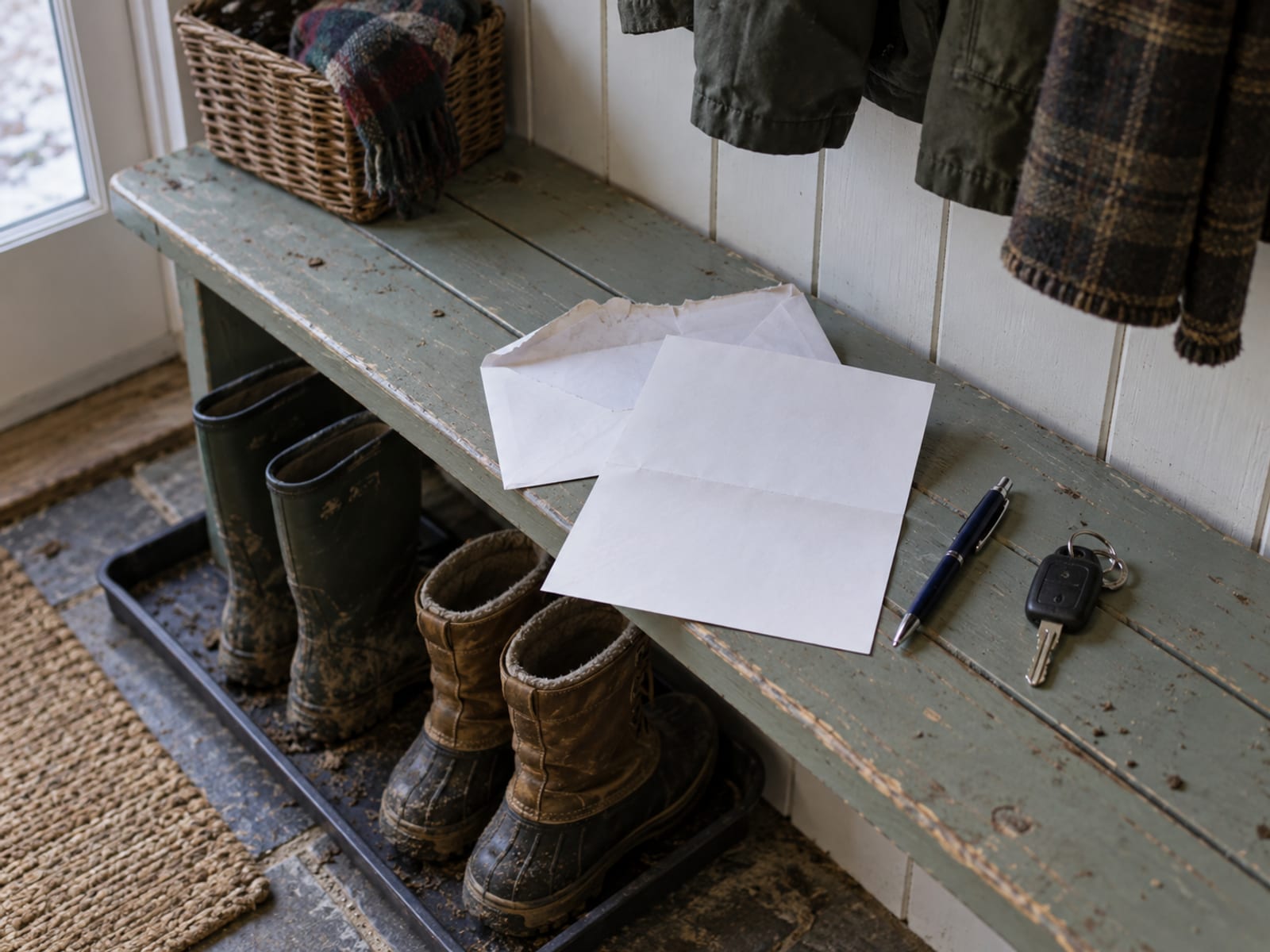 An opened envelope, a pen and a set of car keys on a wooden kitchen table