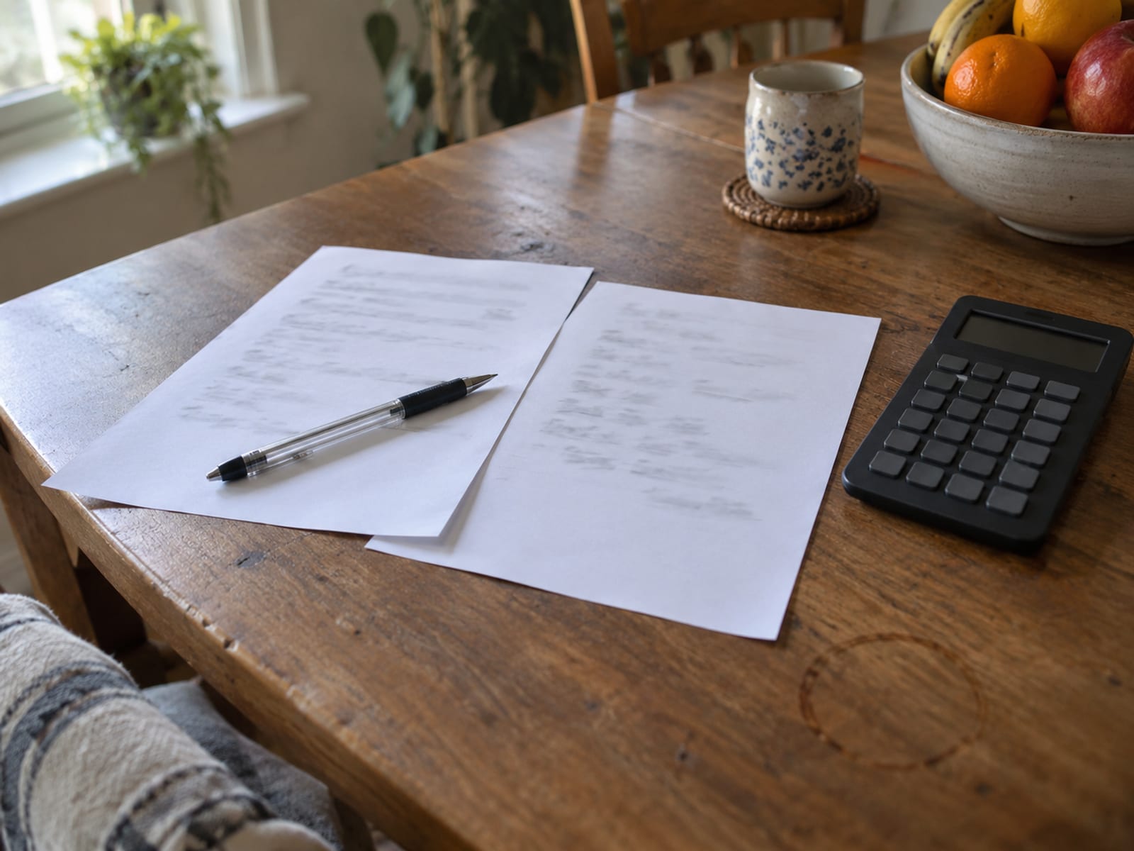 Two printed pages laid side by side on a kitchen table with a pen and a calculator