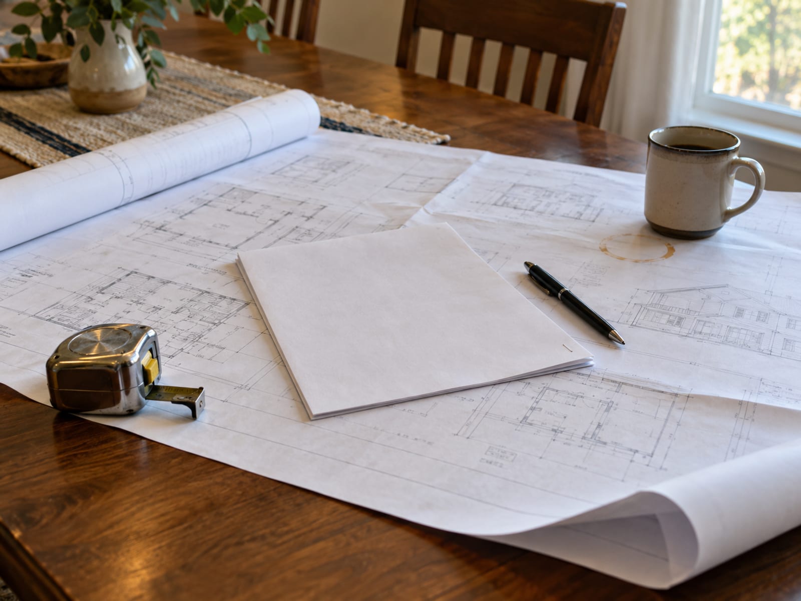 House plans and a contract on a table with a pen and a tape measure