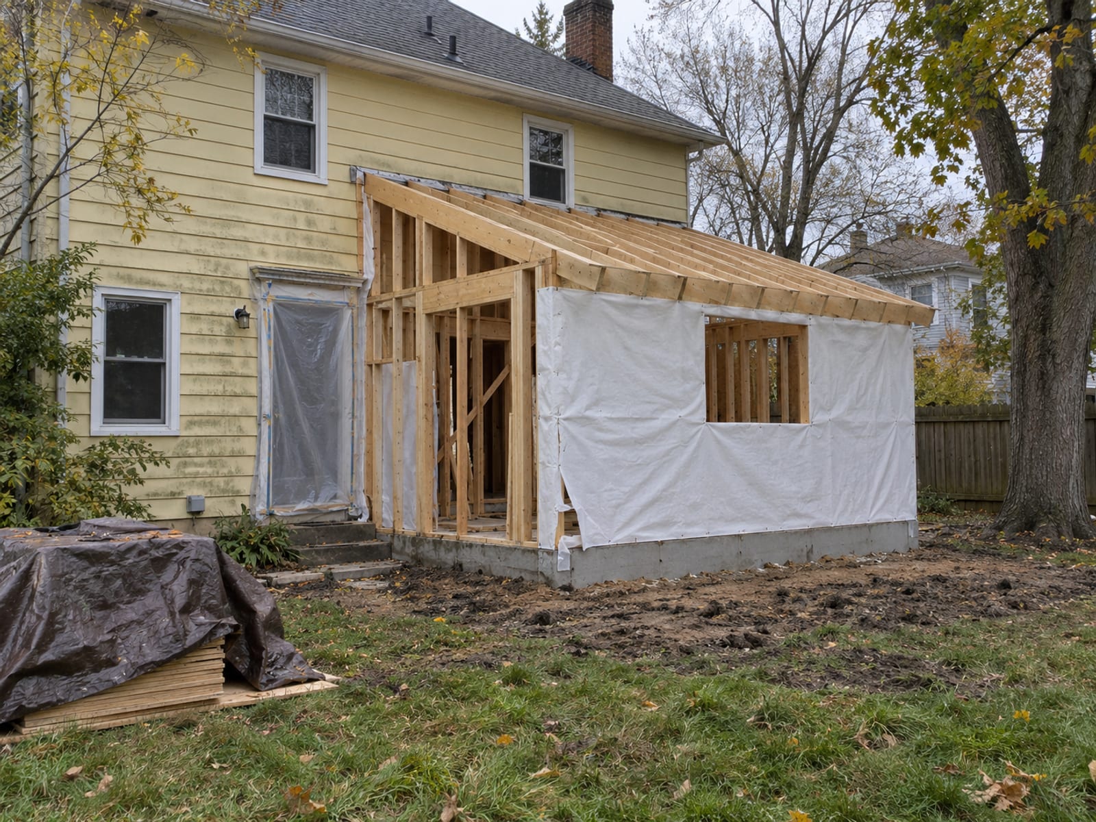 An addition being framed onto the back of an existing house