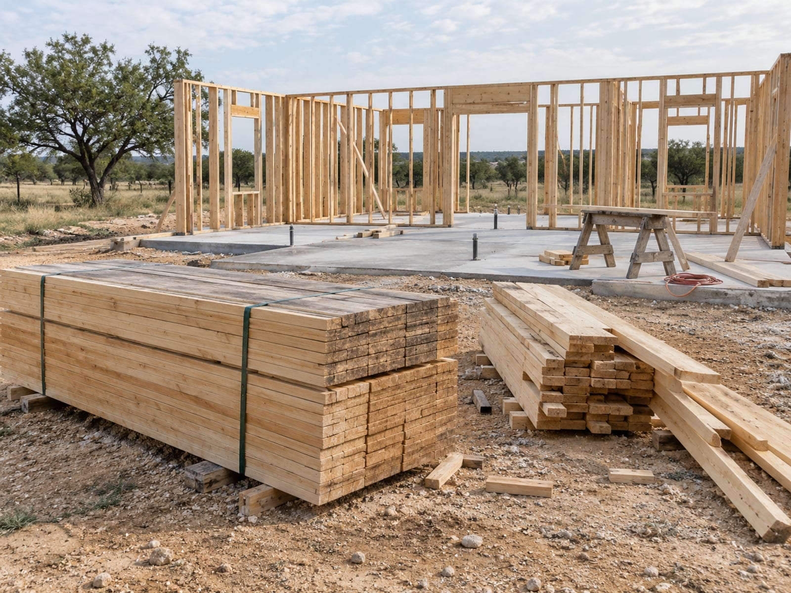 A house under construction with timber framing and stacked lumber on site