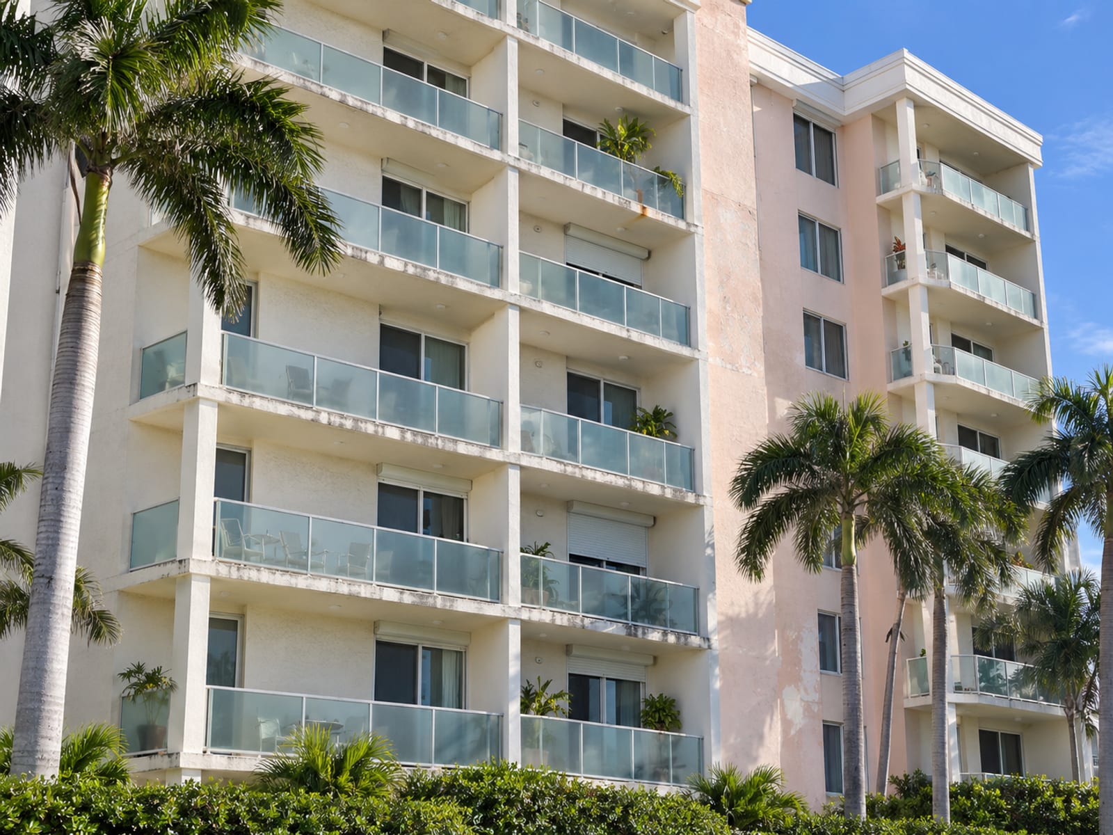 A mid-rise condominium building with balconies beside palm trees