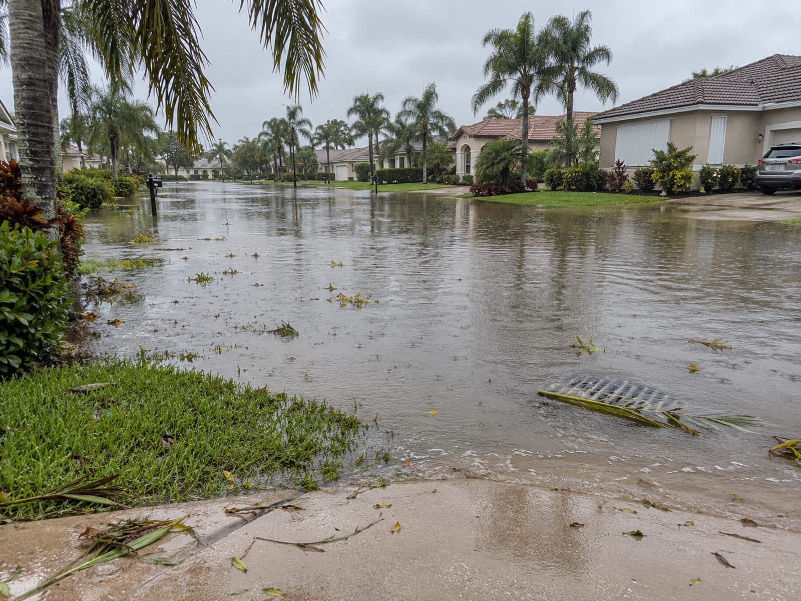 Floodwater covering a residential street lined with houses