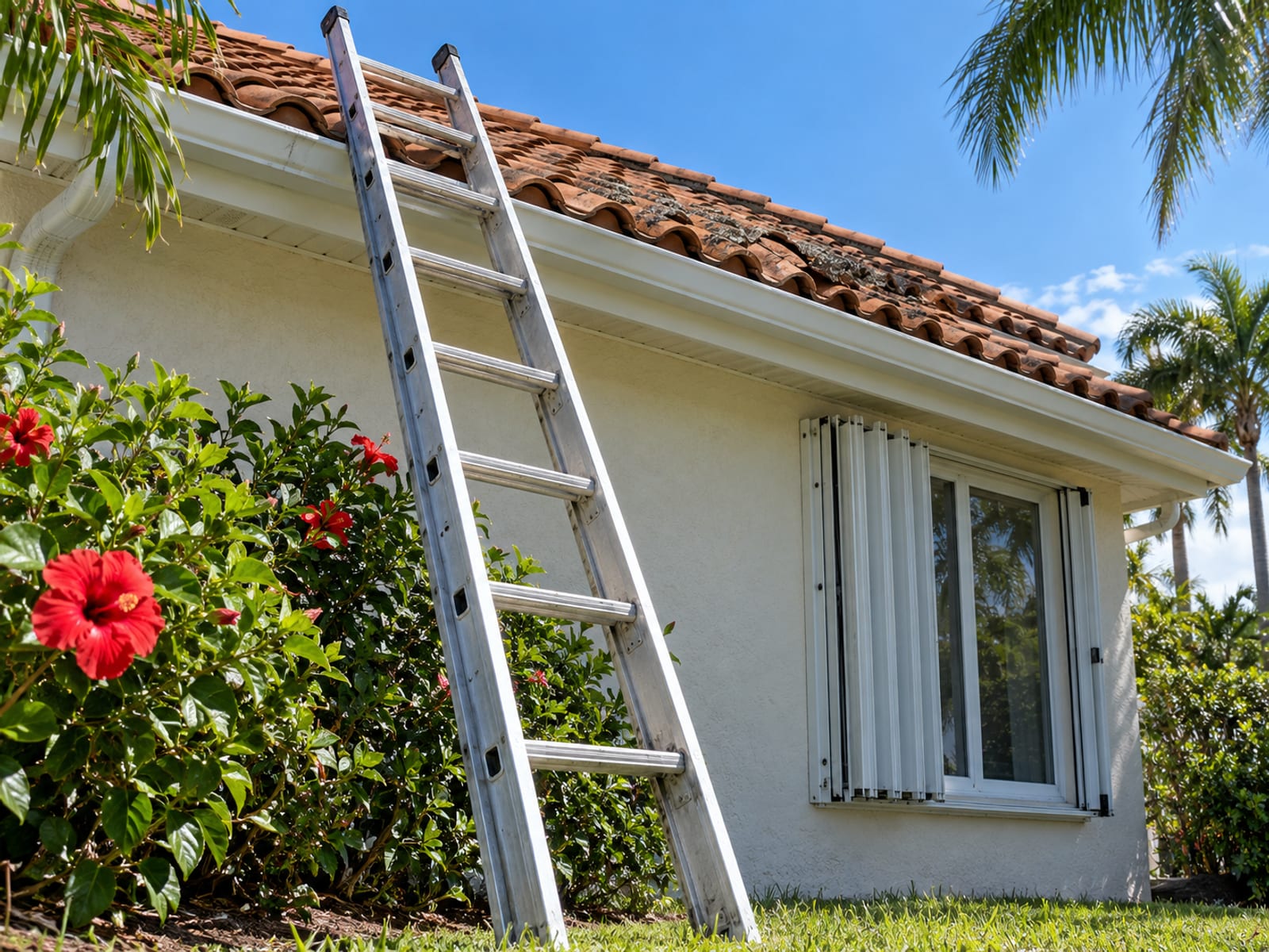 A ladder leaning against the edge of a tile roof on a sunny day