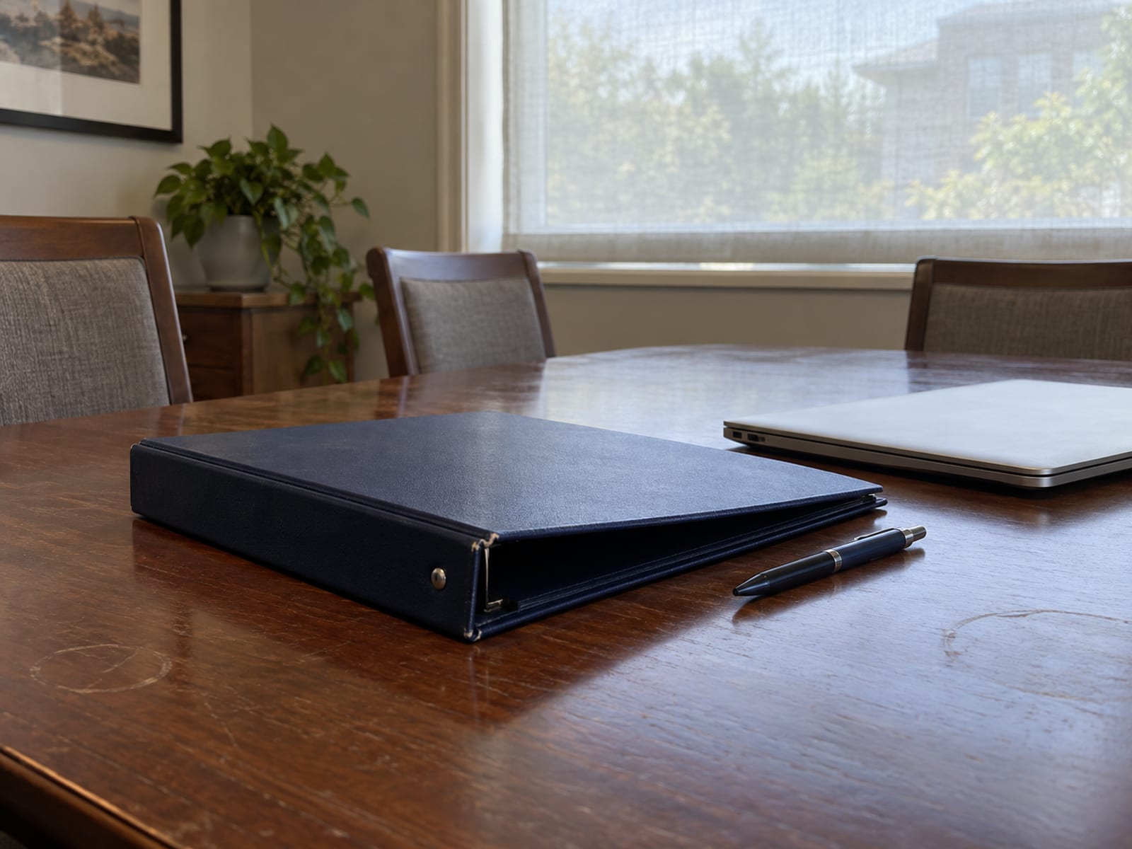 Una carpeta de tres anillos con documentos del edificio, un bolígrafo y una computadora portátil sobre una mesa de reuniones