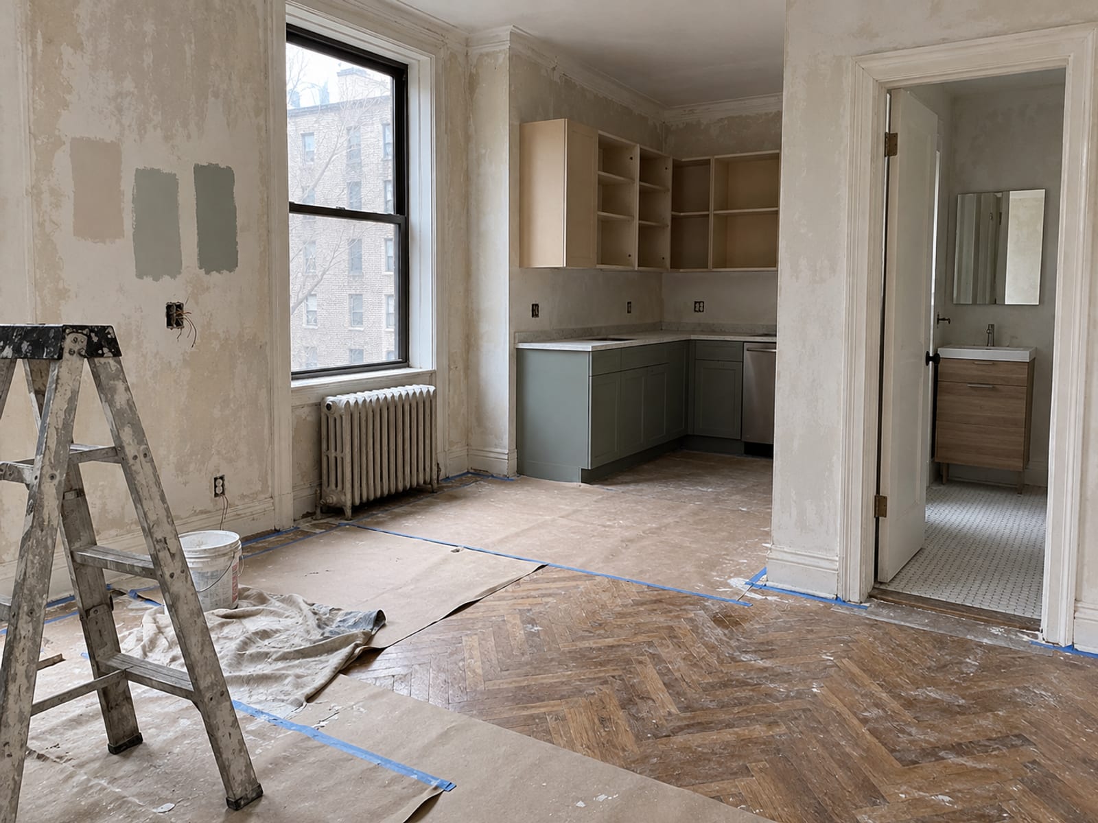 Una habitación vacía de apartamento con paredes y piso lisos, el armazón abierto de un gabinete de cocina y conexiones de tubería a la vista