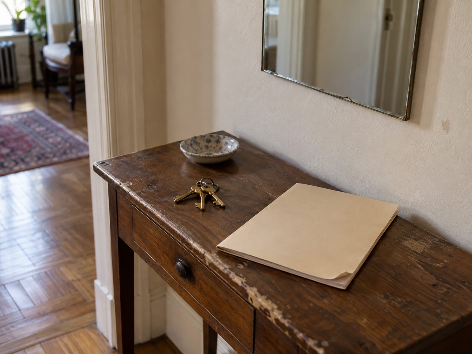 Un llavero y una carpeta de documentos cerrada sobre una mesita en la entrada de un apartamento