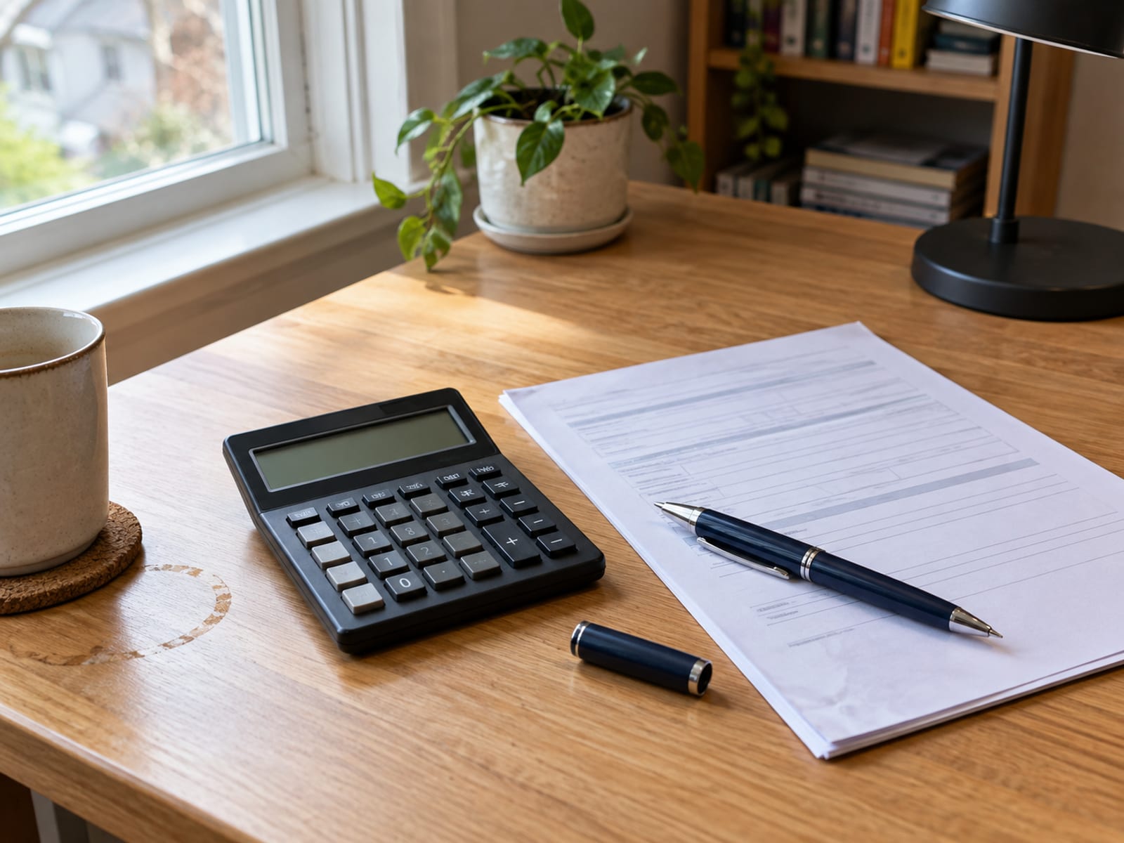 A calculator, a pen and a blank quote form on a desk