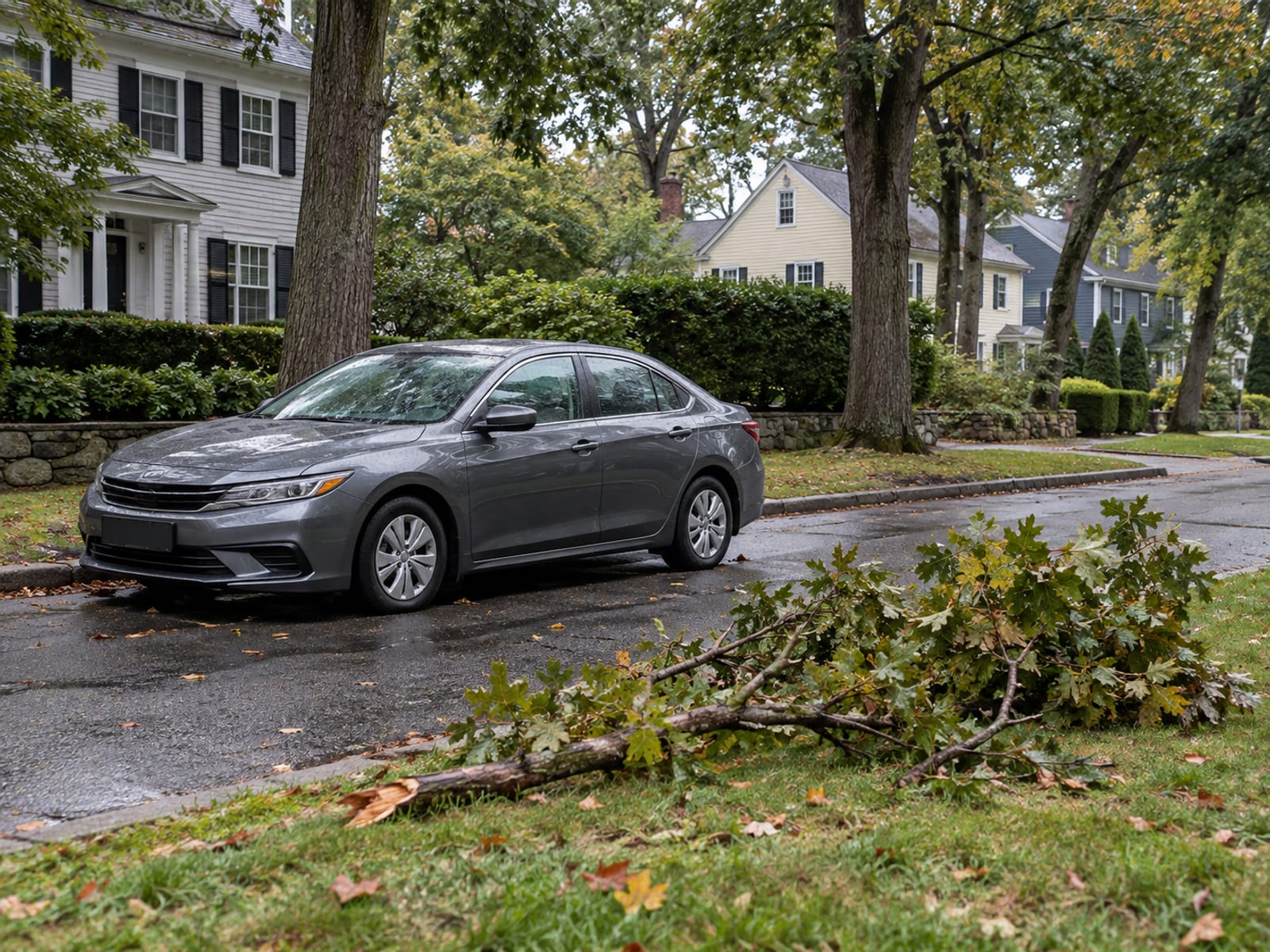 A parked sedan on a residential street with a large tree branch resting on the grass beside it