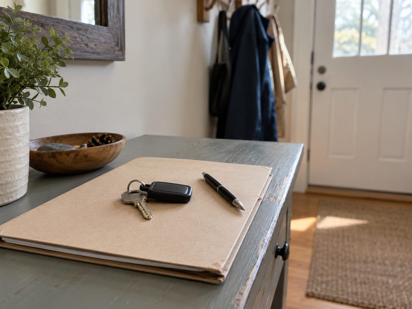 Car keys resting on a closed folder of loan papers beside a pen